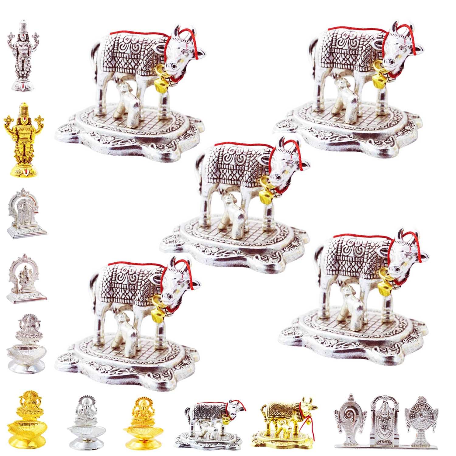 - Decorative Cow & Calf Idol | Silver Finish | Pack of 5 | Metal Kamdhenu Figurine for Pooja, Mandir, Home Decor, Office, Vastu & Return Gifts