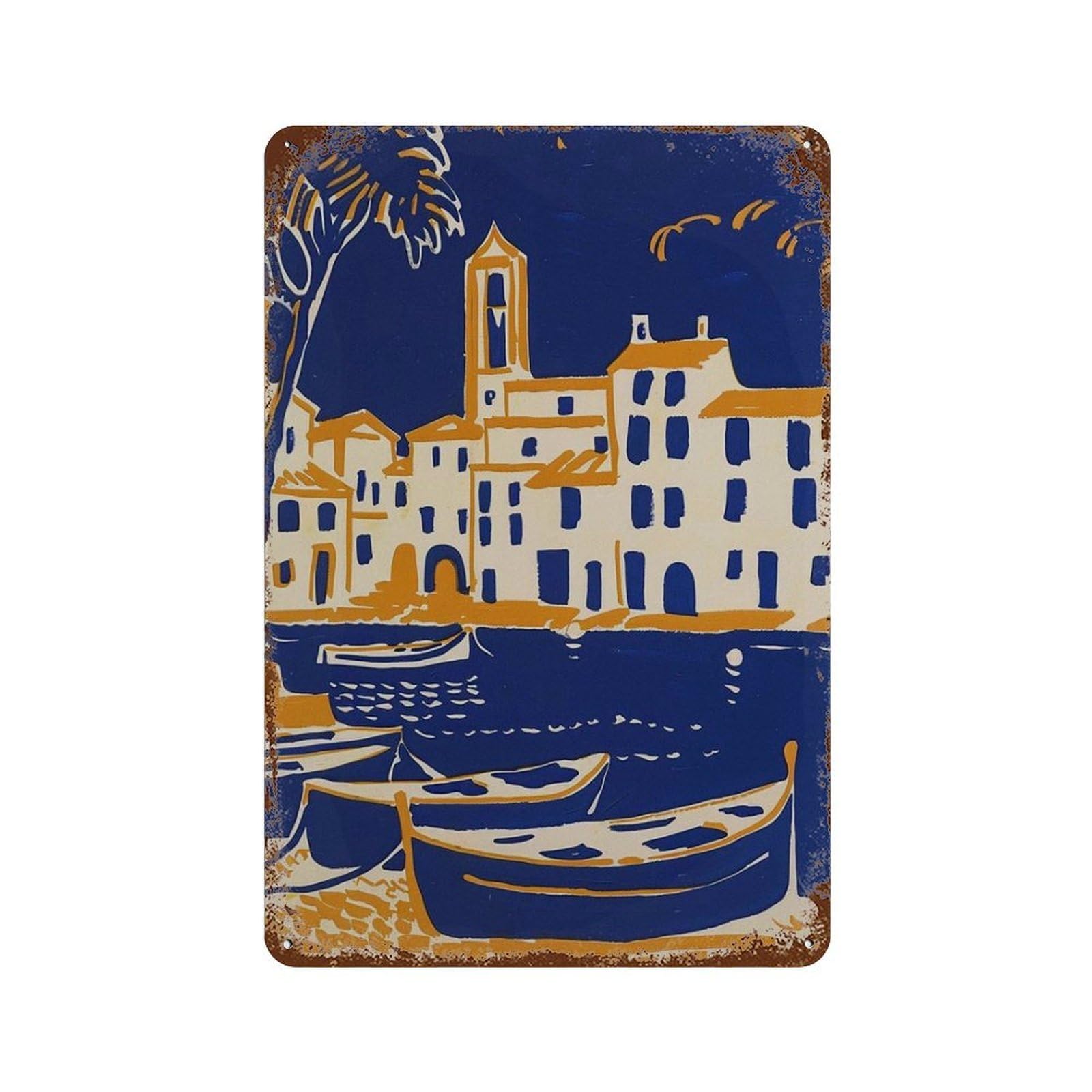 xiaoxiaoshen Mediterranean Village Coastal Boat Blue And Yellow Seaside European Travel Work Wall Decor Art Metal Tin Poster Modern Home Decor Art Home Bar Shop Decorations Vintage Sign 30x20cm