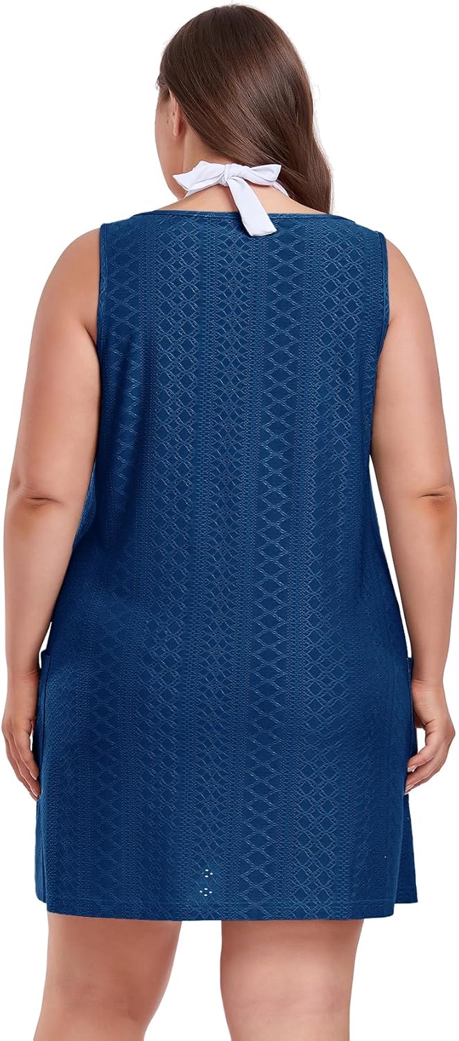 ZOMVA 2025 Women's Plus Size 0X-4X Swimsuit Coverup with Pockets Sleeveless Bikini Beach Cover Up Dress Outfits Swimwear