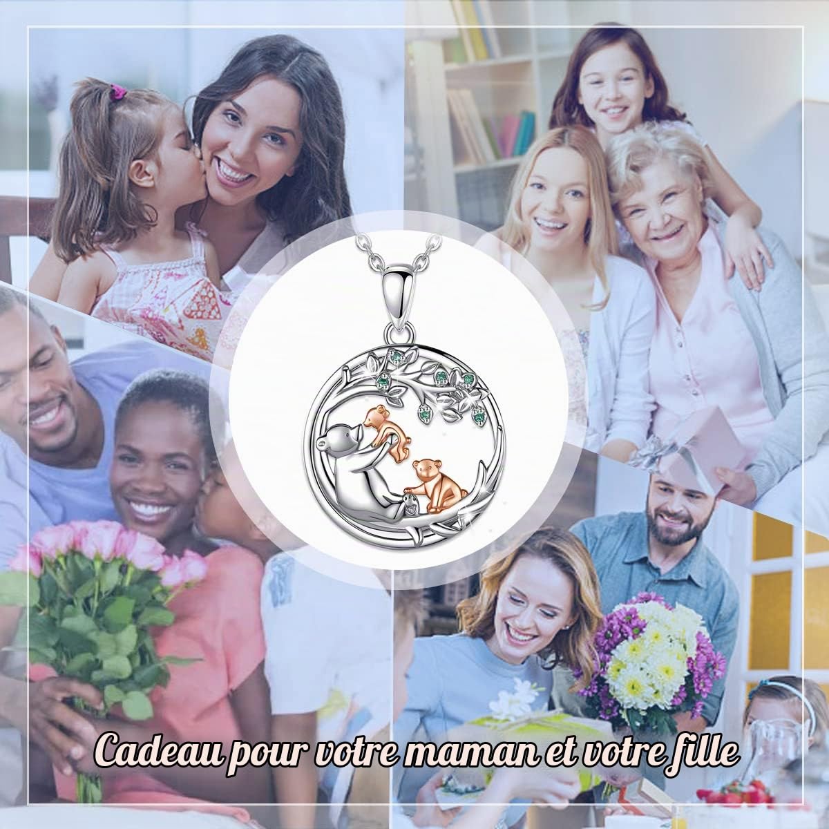 Collier pour Mère et Enfant en Argent Sterling 925 pour Femme, Renard/éléphant/Rhinocéros/Panda/Girafe/Ours/Flamant Rose, Cadeau de Bijoux pour la Fête des Mères, 45,7 cm