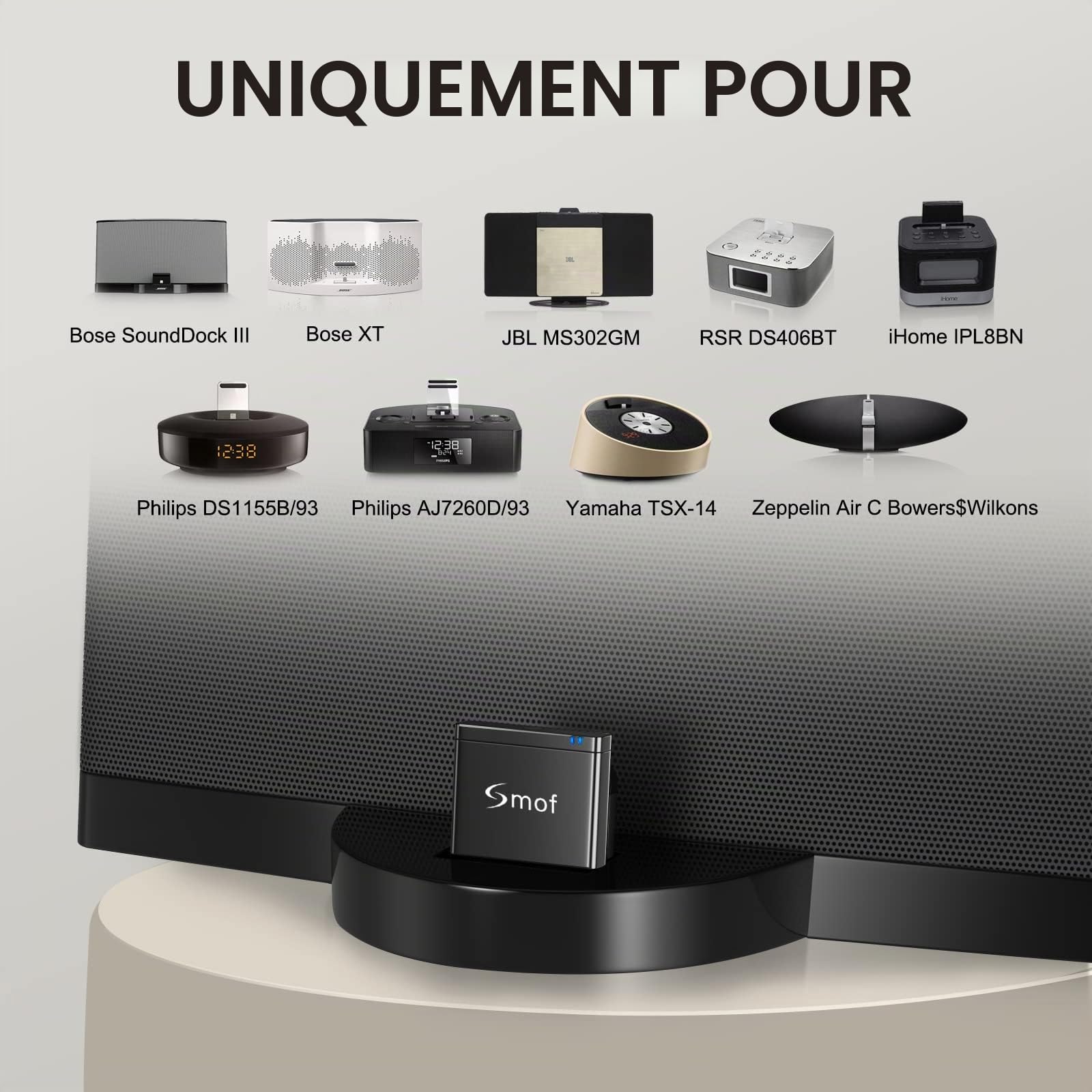 Smof Adaptateur Bluetooth 8 Broches, 8 Pin Bluetooth Récepteur Adaptateur pour Bose Sounddock III/XT, JBL MS302GM, Philips DS1155B/93, Philips AJ7260D/93, Yamaha TSX-14, RSR DS406BT, iHome IPL8BN