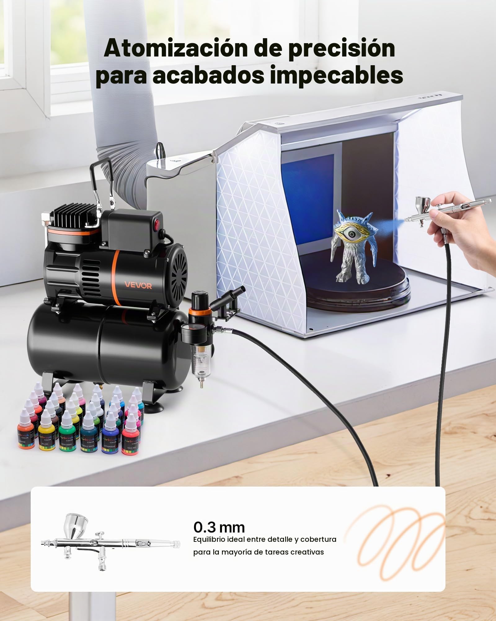 VEVOR Kit de Aerógrafo con Compresor de Aire 1/6 HP Compresor de Aerógrafo de Doble Acción con Boquilla, Manguera, 24 Pinturas Acrílicas, Kit de Pintura para Decoración de Tartas, Maquetas, Uñas