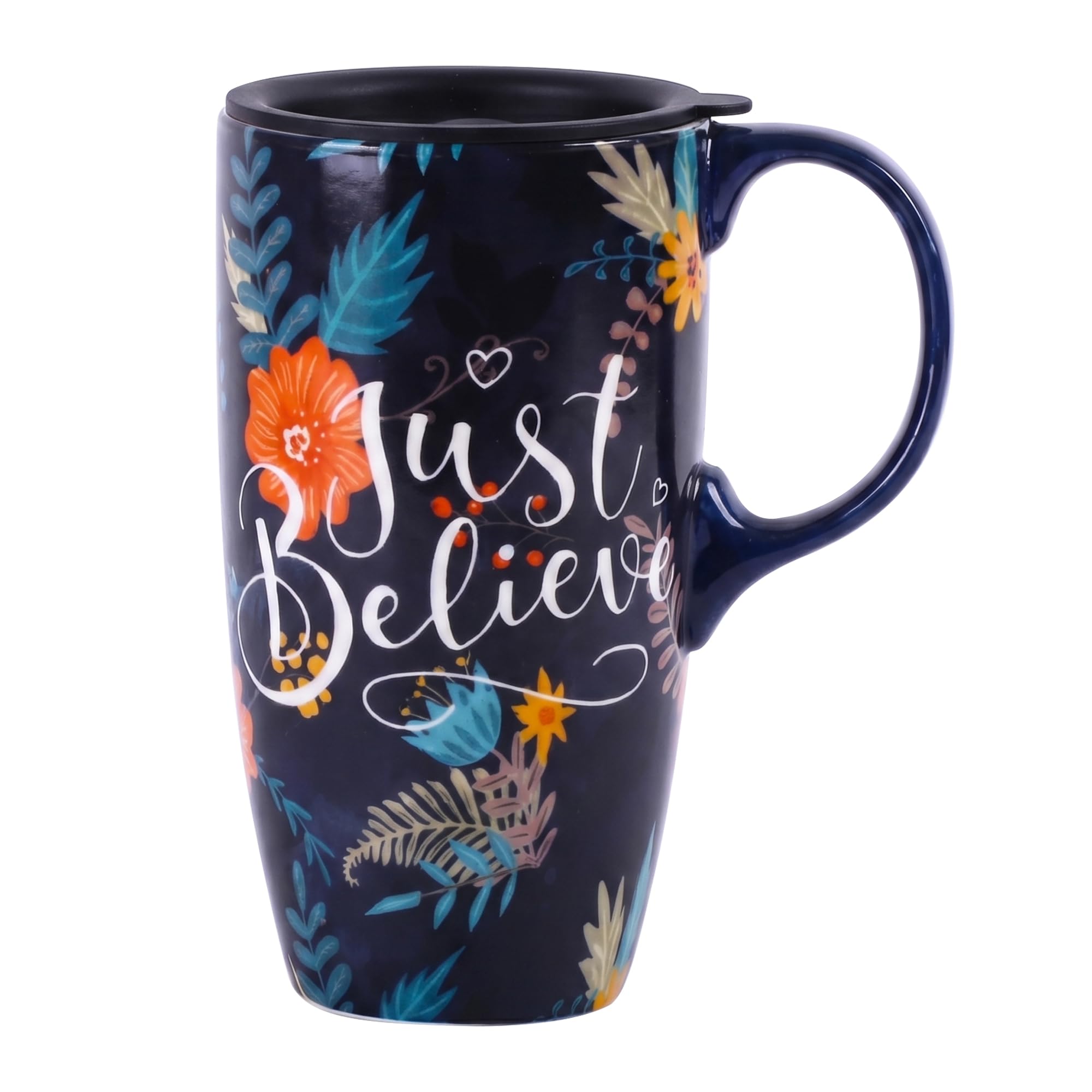Topadorn 17oz Ceramic Travel Mug with Lid, Inspirational Floral Coffee Mug with Handle, Just Believe Quote Ceramic Travel Cup, Microwave & Dishwasher Safe for Home & Office