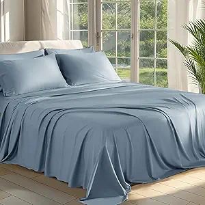 Shilucheng 100% Viscose Derived from Bamboo_ Sheets King Size 6pcs - Ultra Cooling & Silky Soft Bed Sheets, 16" Deep Pocket, Perfect for Hot Sleepers, Hotel Bedding Sheets (French Blue)