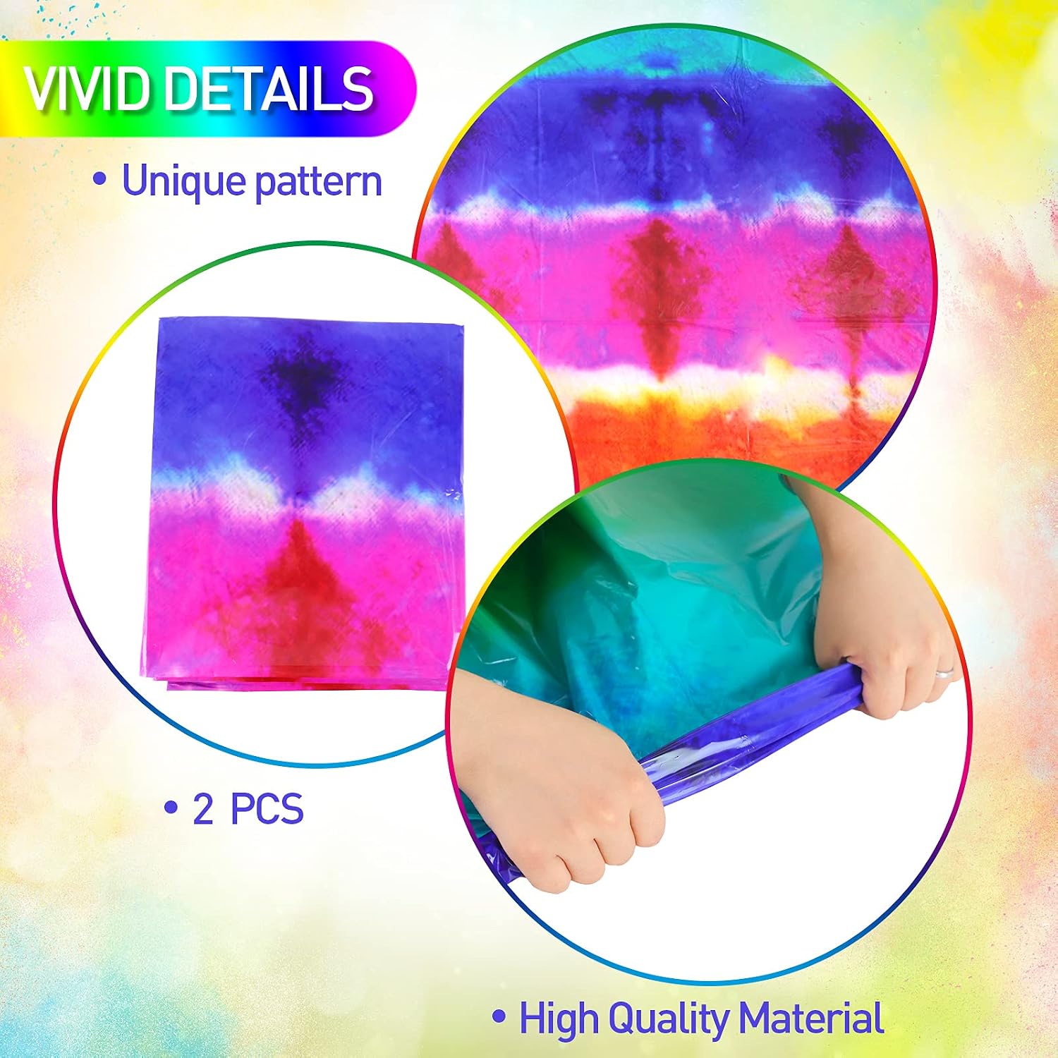Boao 2 Pieces Tie Dye Tablecloth Plastic Hippie Table Cover Rectangle Colorful Rainbow Party Decorations for 60s 70s Birthday Party Kitchen Family Dining Room Supplies(86.6 x 51.2 Inch) image 3