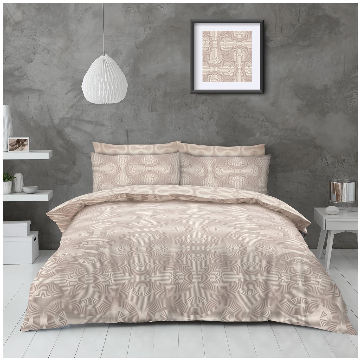 Gc Gaveno Cavailia Geo Natural Arches Double Duvet Set - Reversible Geometric Quilt Cover With Pillow Cases - Polycotton Geometric Bedding Set - Natural
