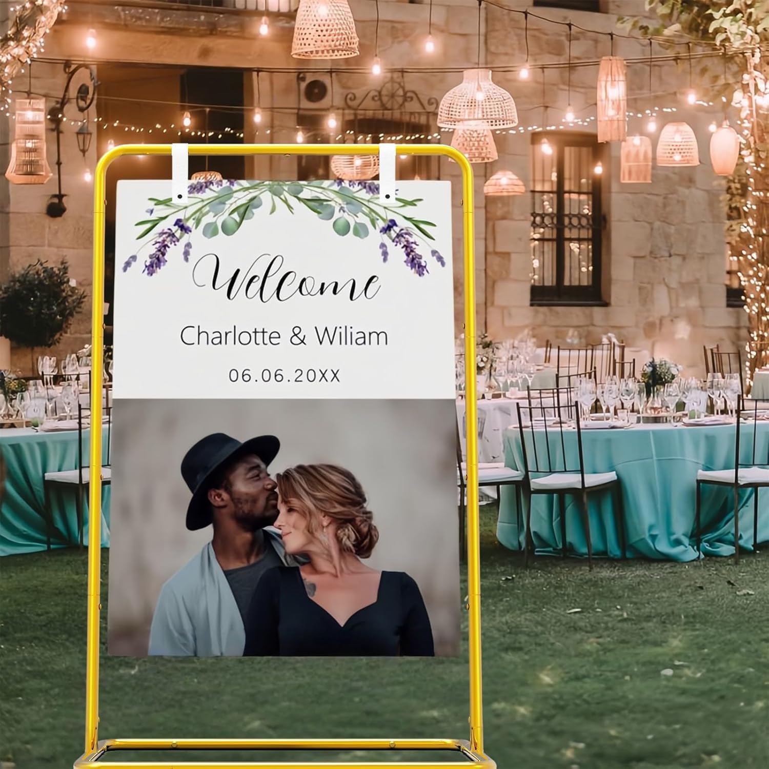 Panneau de bienvenue de mariage, étagère de vente, plan de table de mariage avec ensemble design et lanières en cuir, support de plaque de mariage réglable de 173 cm, bienvenue à notre arche de