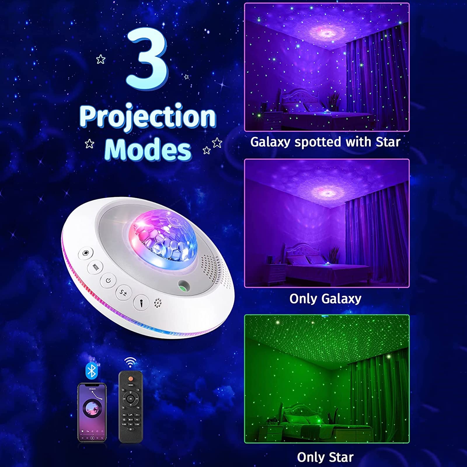 Projektor gwiazdowy, projektor Galaxy z 41 trybami, projektor światła nocnego z pilotem i zegarem, odtwarzacz muzyczny Star Light dla dzieci Dorośli Sypialnia/impreza/sufit/kojący sen