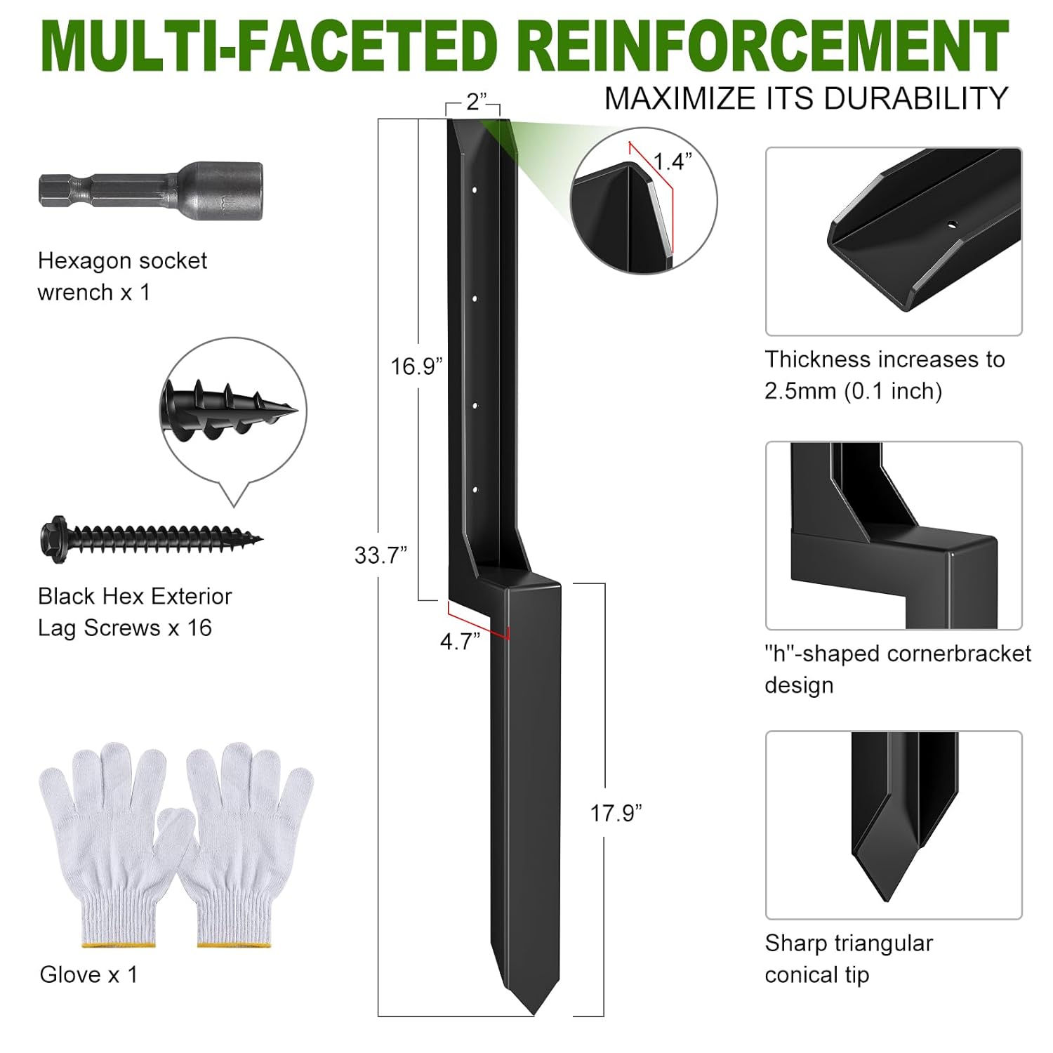 One-Piece Fence Post Repair Kit，Heavy Duty Steel Fence Post Anchor Ground Spike ，Quick Fix Broken/Leaning Wood Posts with，and Fixed Fence Posts（4-Pack）
