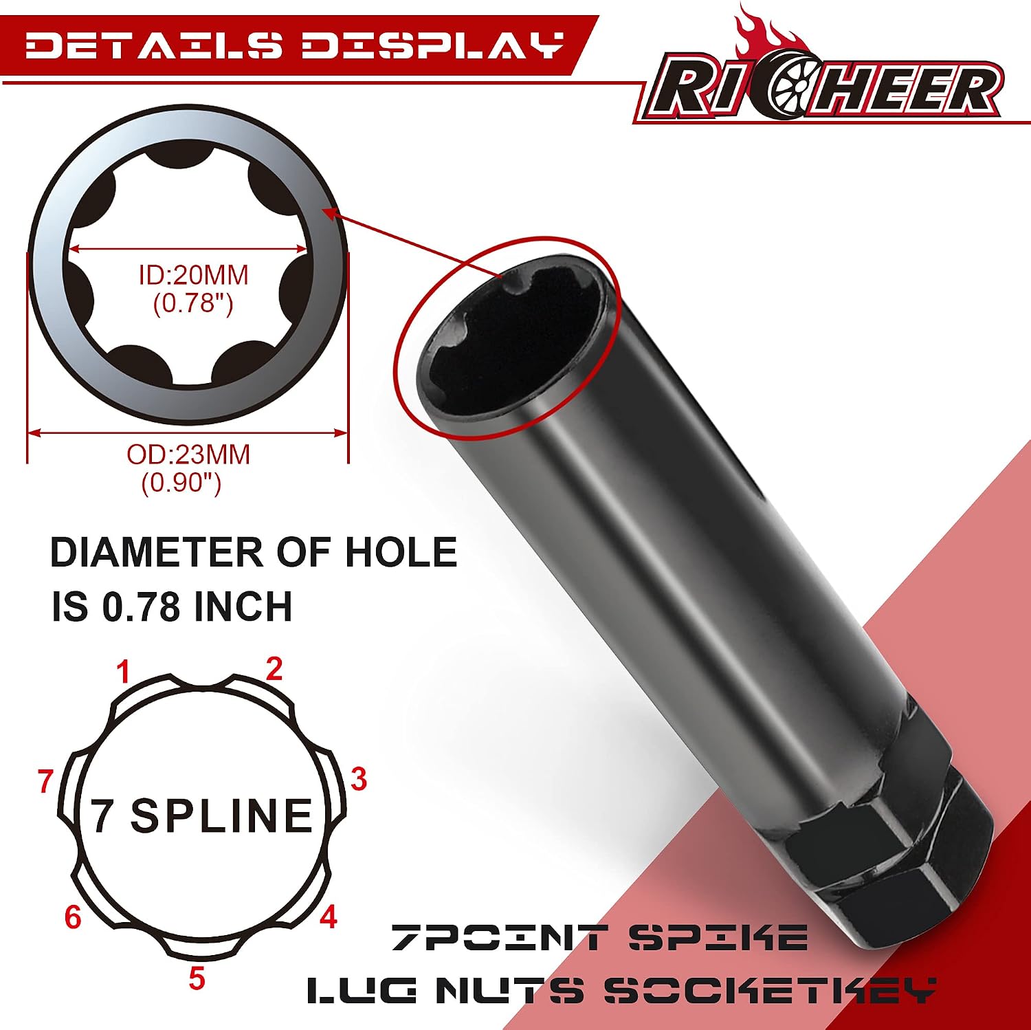 Richeer 7 Point Spline Drive Tuner Socket Key Tool for 13/16"(21mm) and 7/8"(22mm) Hex Wrench, Aftermarket 14x1.5 9/16-18 14x2 Wheel Lock 7 Spline Lug Nuts 22mm Diameter 1 PCS a Pack