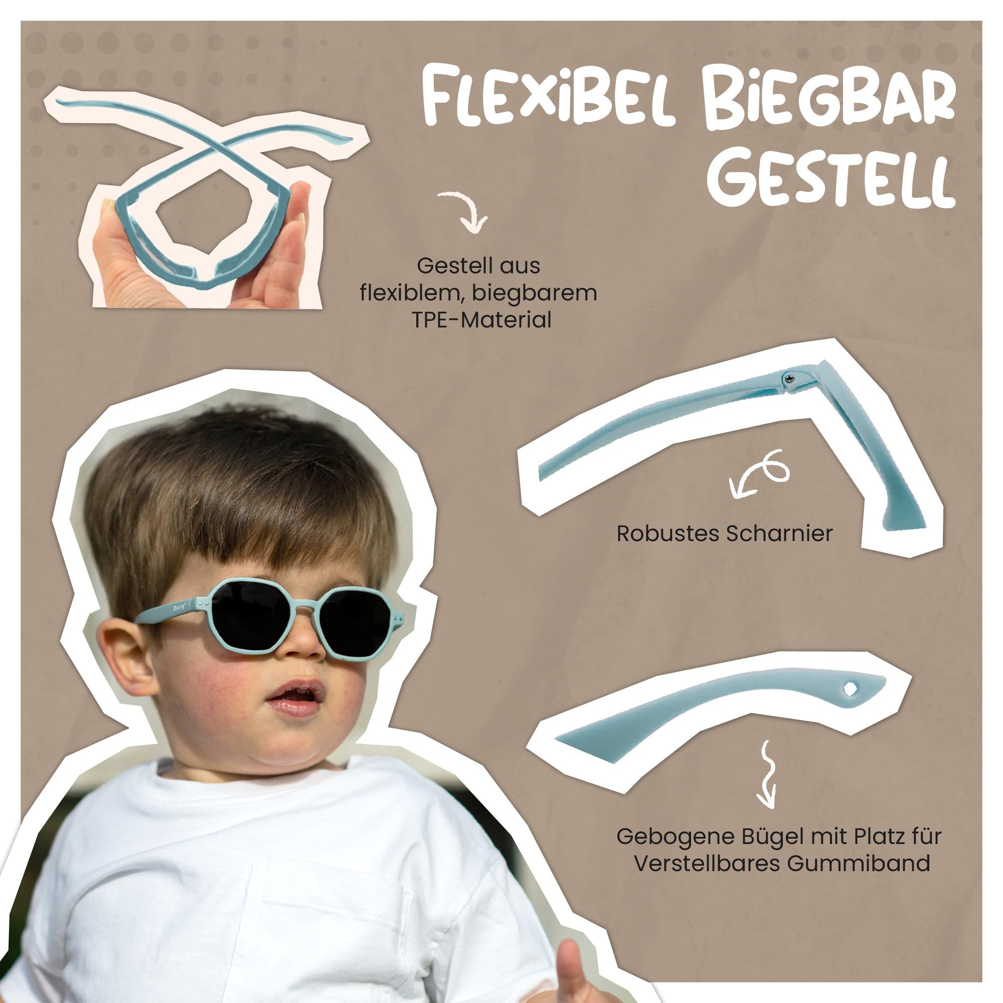 Kinder Sonnenbrille für Kleinkind und Baby - 1-3 Jahre - UV400 Polarisierter Schutz - Flexibler und Biegsamer Rahmen - Verstellbares Gummiband - Sichere und Bequeme Kindersonnenbrille - Yana