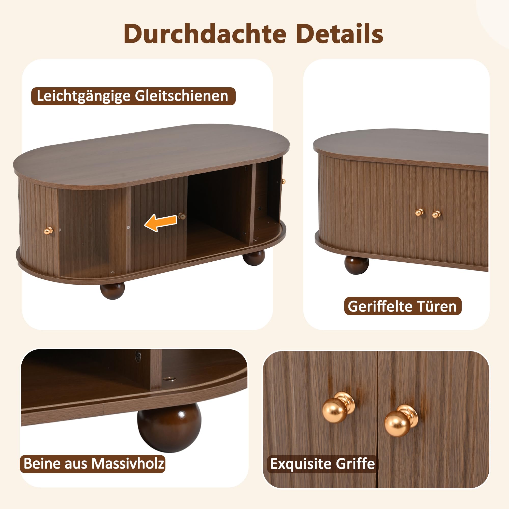 Merax Couchtisch Ovaler, Modern Kaffeetisch mit Schiebetüren, Wohnzimmertisch mit Viel Stauraum, Multifunktionaler Beistelltisch Sofatisch, Platzsparendes, Landhausstil, Wohnzimmermöbel, Walnussfarbe