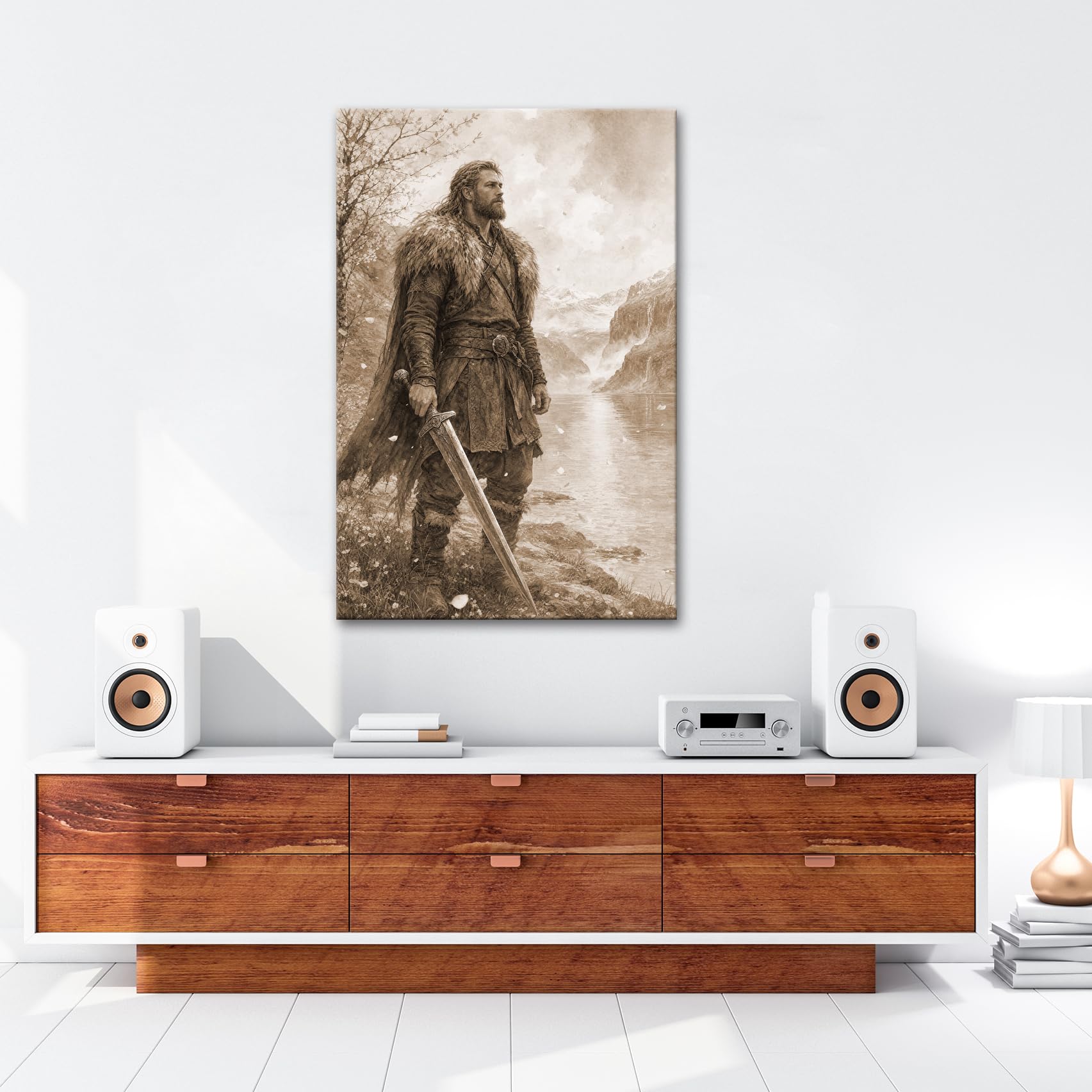deyoli Obraz na płótnie Wikingowie z mieczem nad jeziorem przed górami 60 x 40 cm Sepia