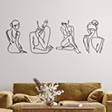 Photect 4 Pieces Metal Wall Art Decor Black Single Line Art Drawing Minimalist Abstract Female Woman Wall Sculptures Hanging Decor Accents for Bathroom Living Room(Classic)