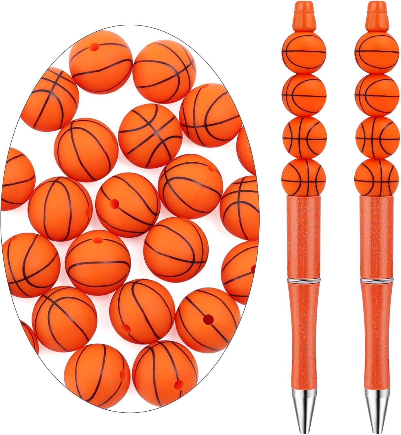 25Pcs 15mm Sport Style Silicone Beads Bulk Round Ball Shaped Bead Suitable for Keychain Bracelet Necklace Jewelry Making, Orange Basketball