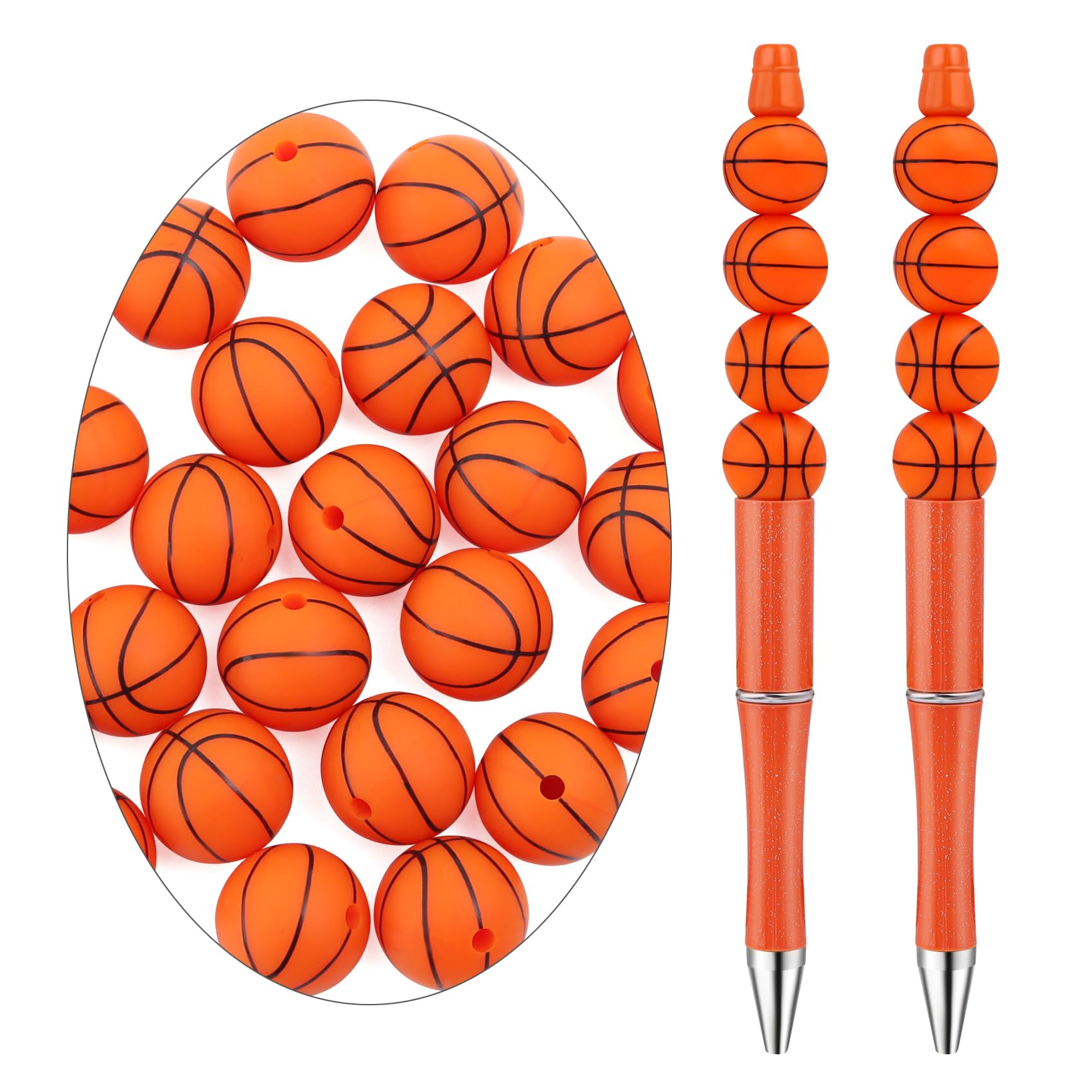 25Pcs Silicone Beads for Pens, Sport Silicone Beads Bulk Ball Shaped Suitable for Keychain Making, Bracelet, Necklace, Jewelry DIY, Round Silicon Basketball Beads with Plastic Box, 15mm
