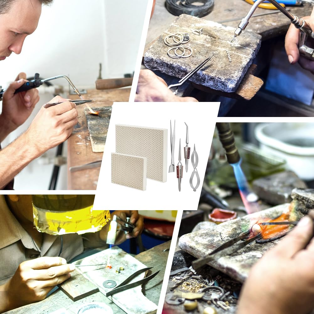 BENECREAT 6 kit de Soudure Bijoux, Outils de Moulage Par Fusion Comprennent 2 bloc de Soudure en Nid D'Abeille, 3 pinces à Souder et une Pince à Épiler avec Pelle, pour la Fabrication de Bijoux
