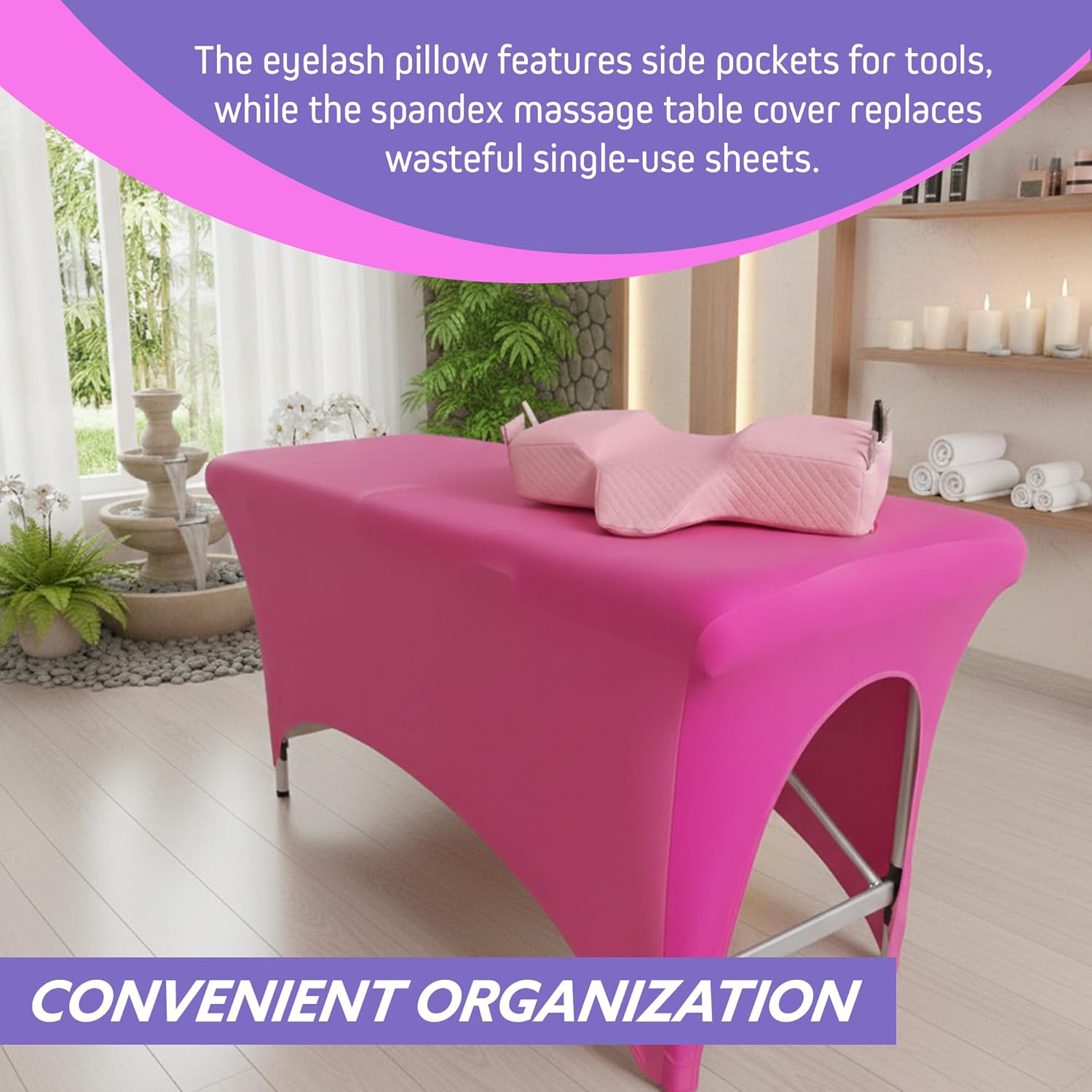 | Lash Bed Cover + Pillow (Pink) | Spa Bed Cover for Lash Extension Bed | Curved Lash Bed Pillow with Neck and Back Support