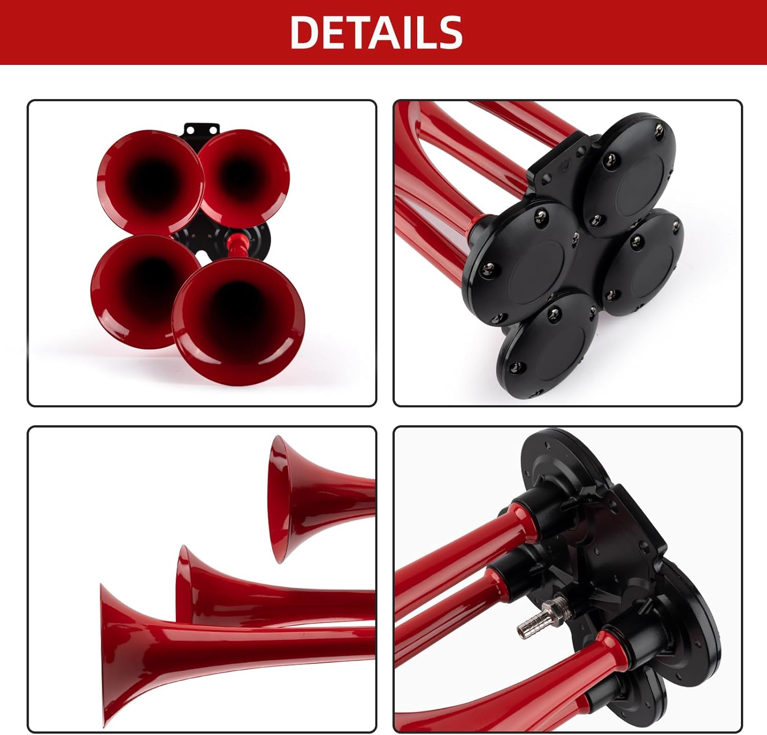 150db 12V Train Horn Kit，Red 4 Speakers， Air Horn With Compressor Compatible For Trucks Cars Semi Trailers Pickup Motorhome SUV Truck Train And Other Vehicles， Ultra Loud BD
