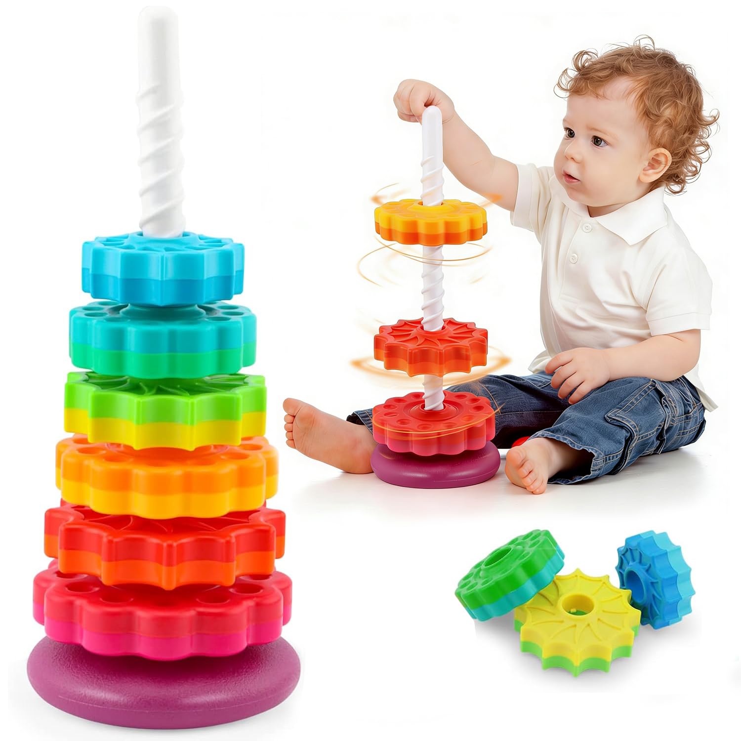 Baby Spinning Stacking Toys Sensory Toys for Toddlers 1-3, Rainbow Ring Spin Montessori Toys for Babies 12 Months, Autism Learning Toy for 1 2 3 One Year Old Girl Boy Christmas Birthday Gifts