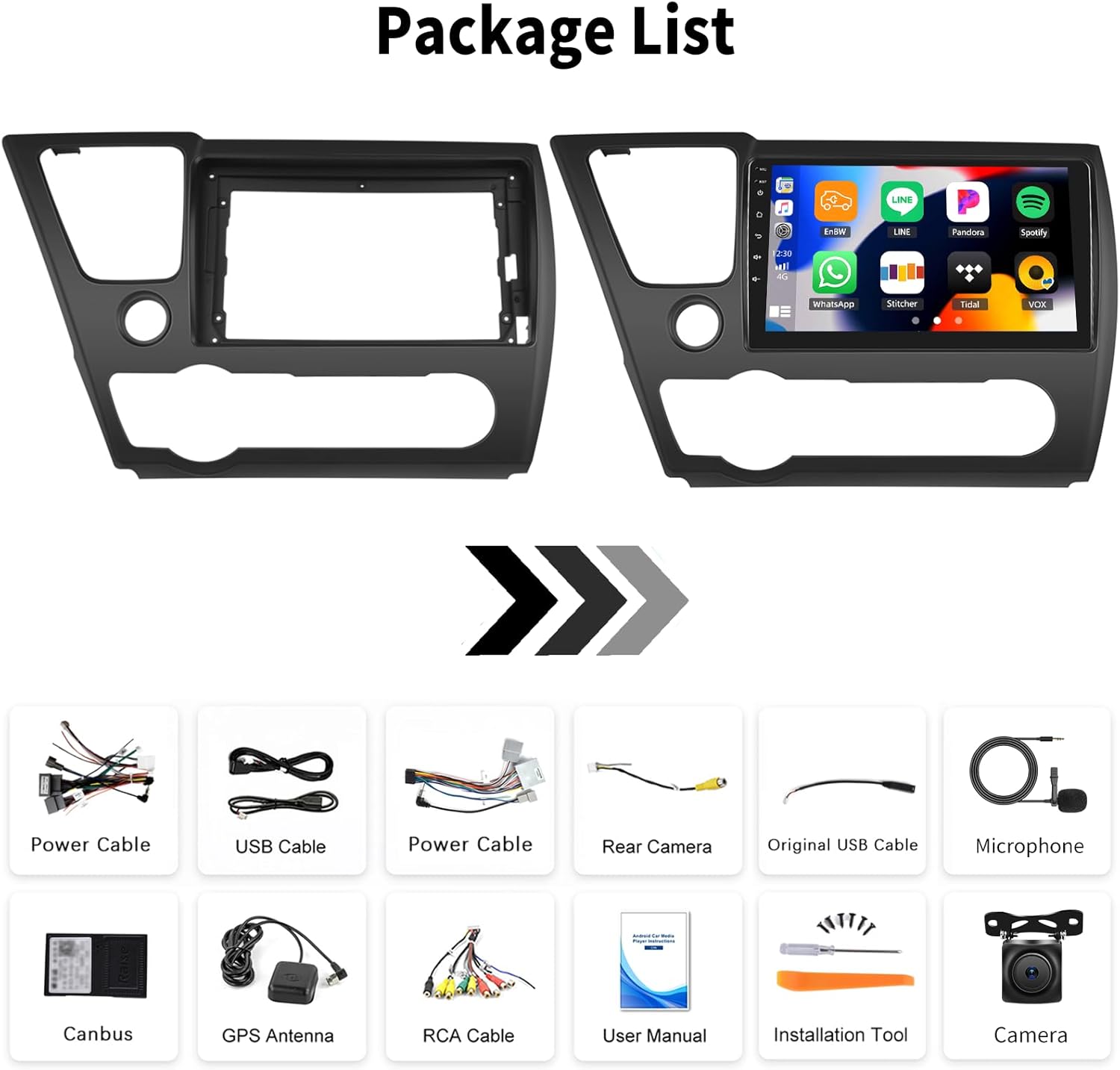 Diagram showing the car stereo unit and icons representing all included accessories: Power Cable, USB Cable, Rear Camera, Original USB Cable, Microphone, Canbus, GPS Antenna, RCA Cable, User Manual, Installation Tool, Camera.