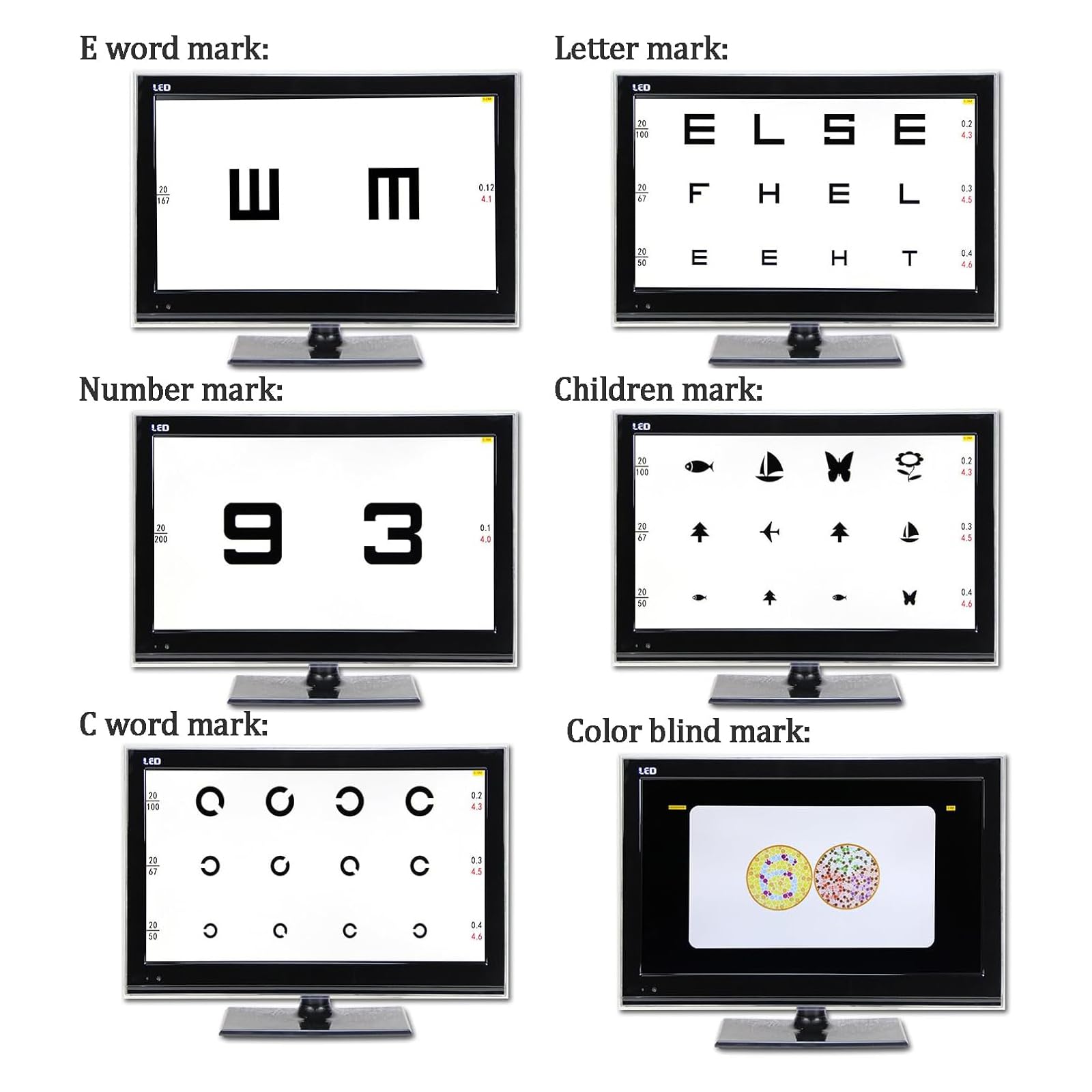 LCD Vision Chart mit Fernbedienung, 300+ Ziele, großer Bildschirm, einstellbarer Abstand für Augenuntersuchungen
