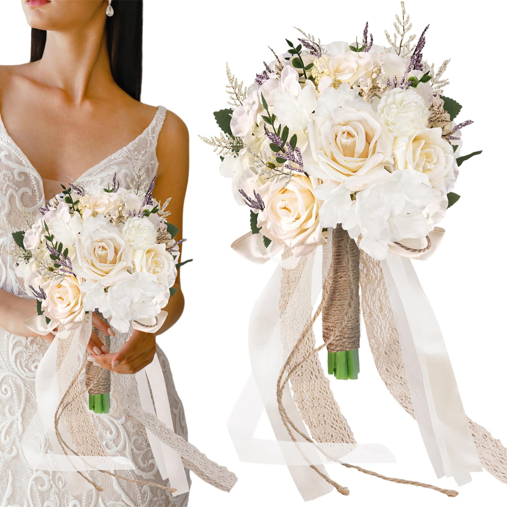 Hperu Wedding Bouquets for Bride Throw Toss Artificial Rose Wedding Bouquet White Champagne Bridal Bouquet for Bride Bridesmaid Ceremony & Anniversary, Bridal