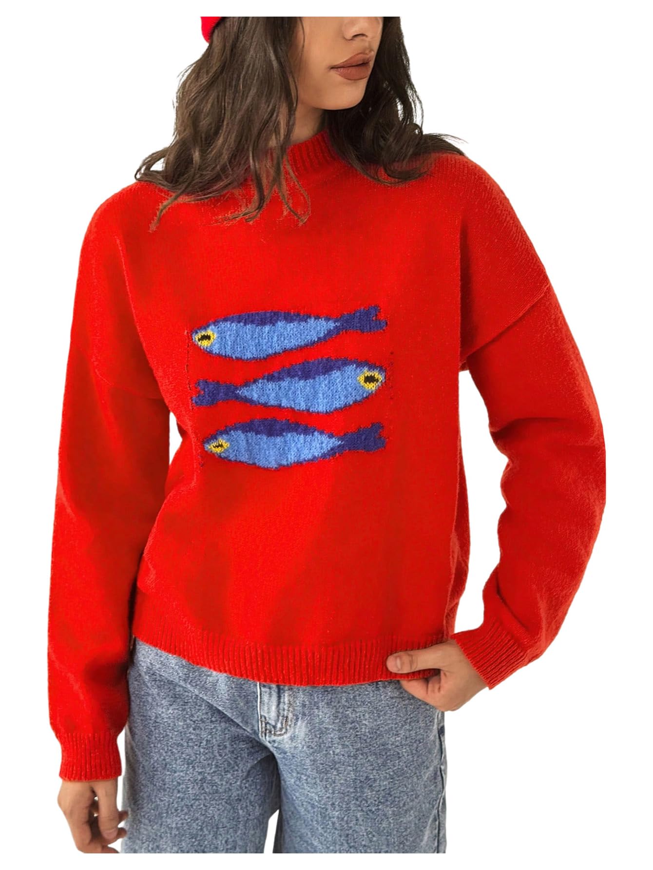 Verdusa Womens Fish Print Cozy Sweaters Drop Shoulder Knit Pullovers Trendy Fall Tops