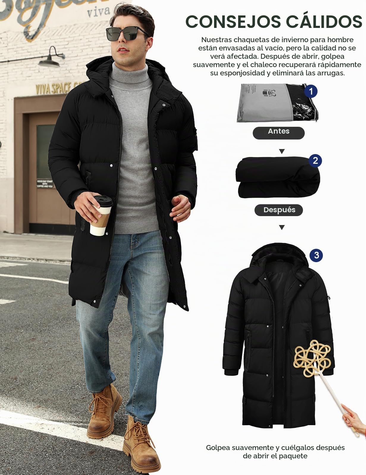 CMTOP Chaqueta Hombre Invierno Largo Cálido Acolchado Algodón Abrigo Casual Elegante Parka con Capucha Gruesa Cremallera Viento Chaquetón Impermeable al Aire Libre Abrigos