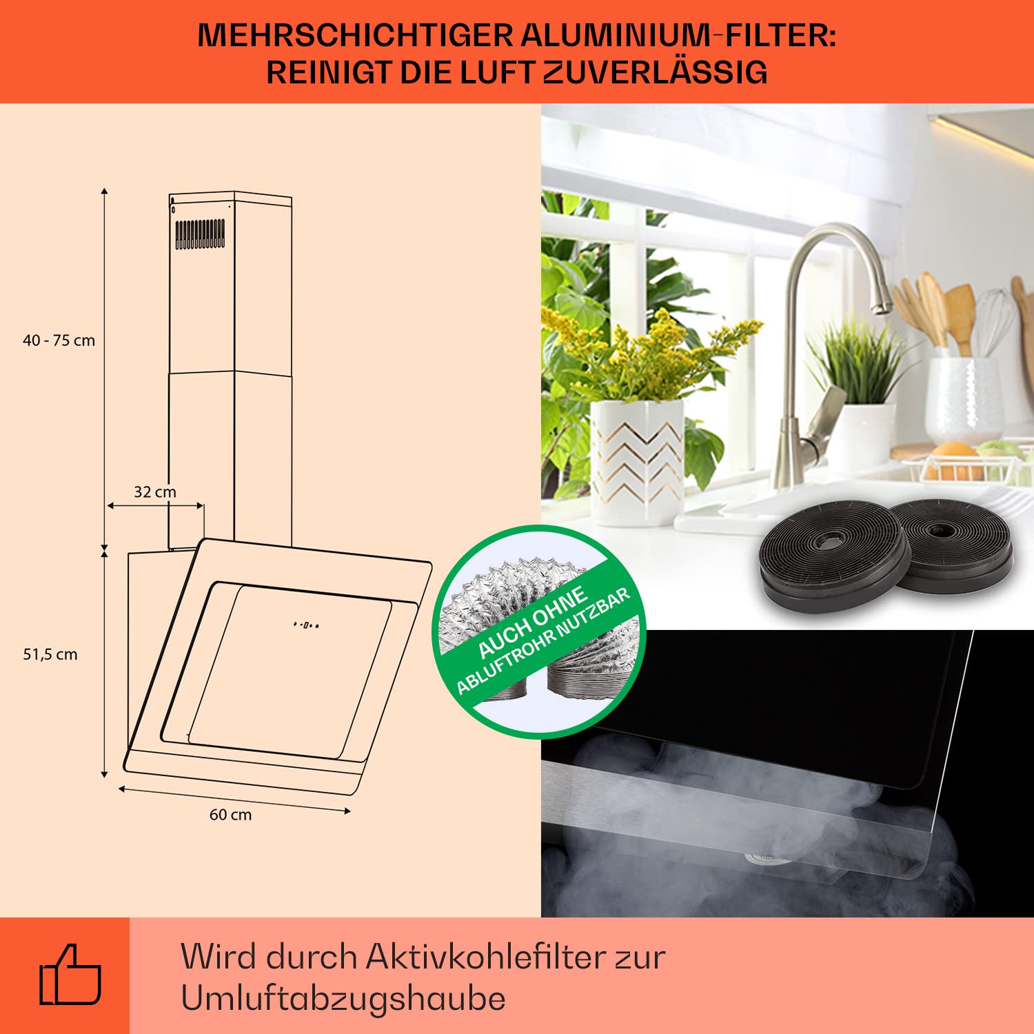 Klarstein Dunstabzugshaube 60cm, Abluft-Dunstabzugshaube, Abzugshaube mit Aktivkohl-Filter, Dunstabzug mit 585m³/h Luftstrom, Wandhauben RGB-LEDs & IoT/Wifi, Leise Dunstabzugshauben 60 cm
