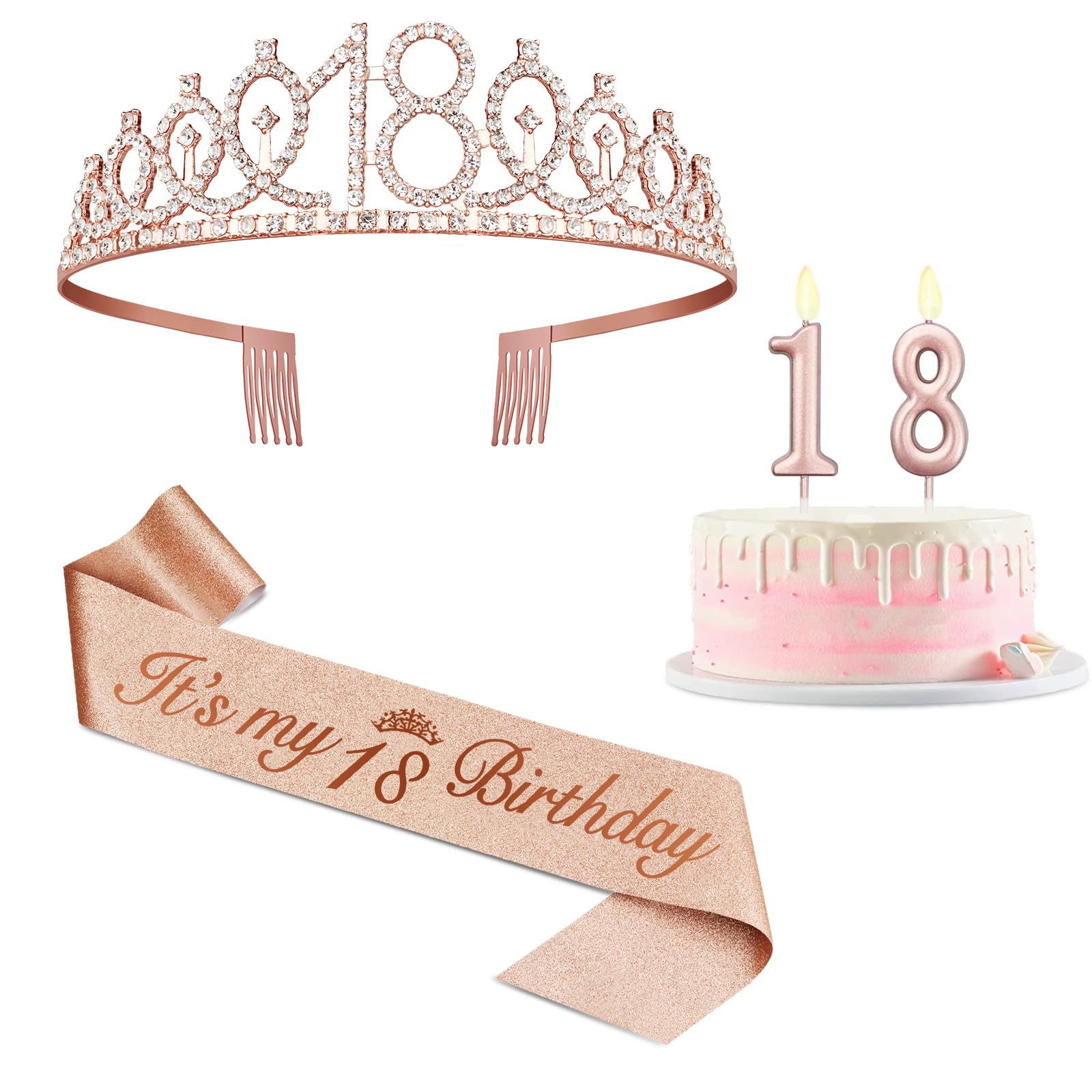 18th Birthday Decorations for Girls, 18th Birthday Sash and Tiara, Rose Gold Number 18 Candles, 18 Year Old Gifts for Girls โ image 1