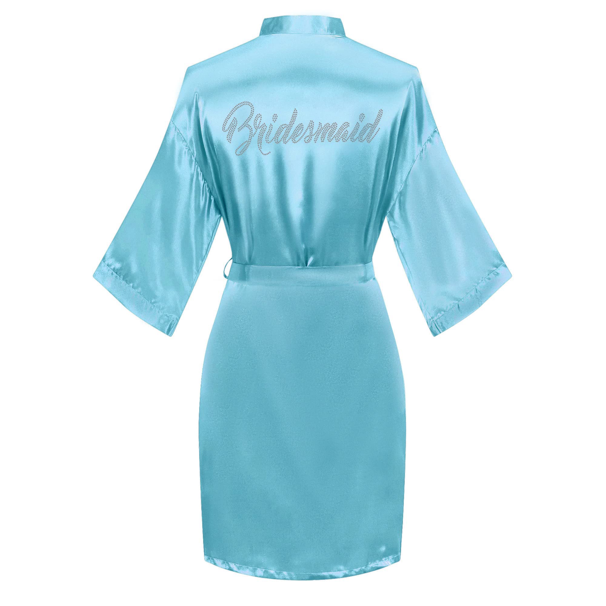 Women's Satin Robe Short Kimono for Bride &amp; Bridesmaid with Silver Rhinestones, Wedding Party Robes