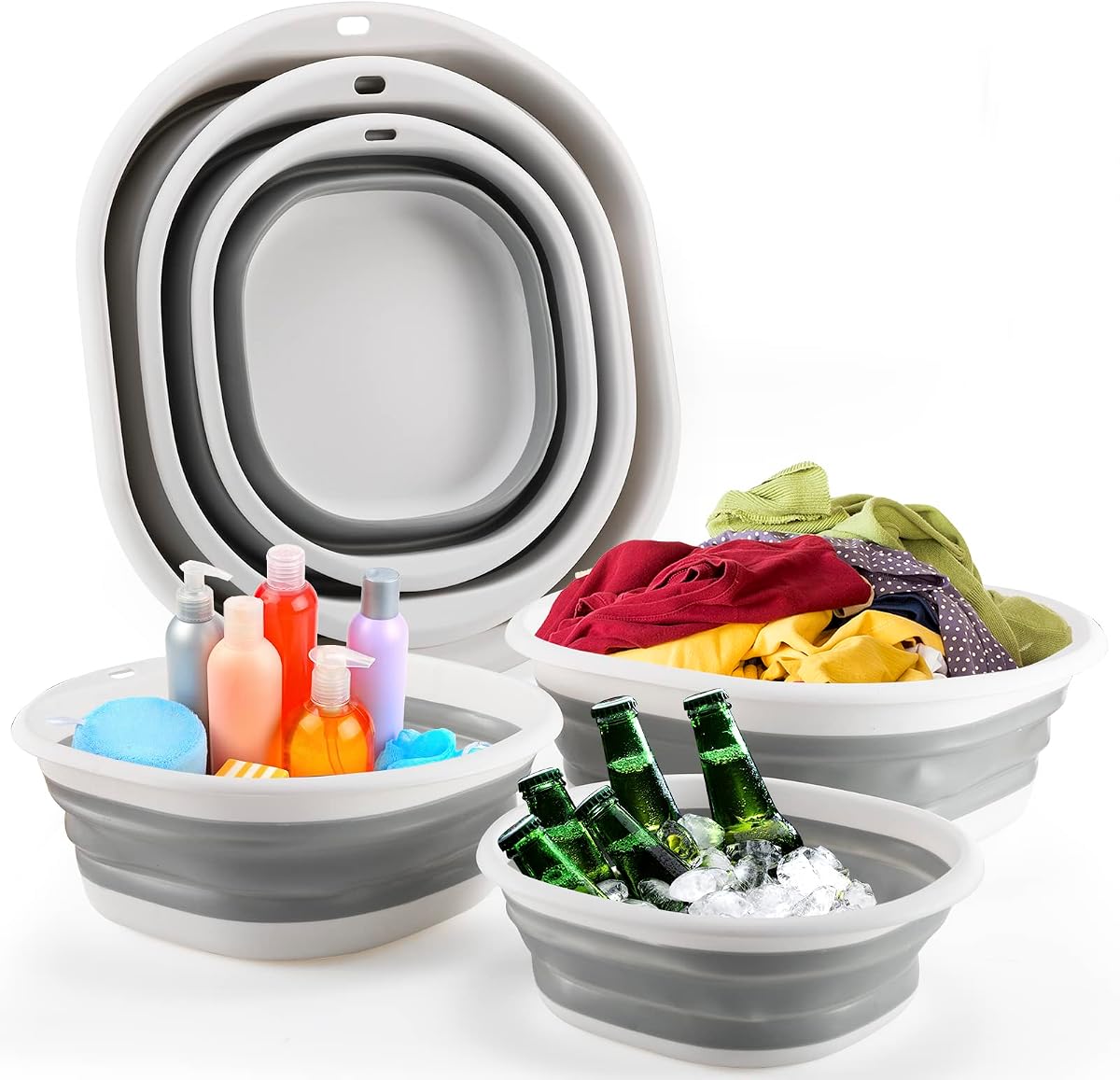 3 Pack Collapsible Wash Basin Set for Kitchen, Dishing, Laundry & Camping | Space Saving 3 Pack Collapsible Wash Basin Foldable Dish Tub Plastic Washtub for Dishes, Laundry, Camping, RV, Hiking & Home