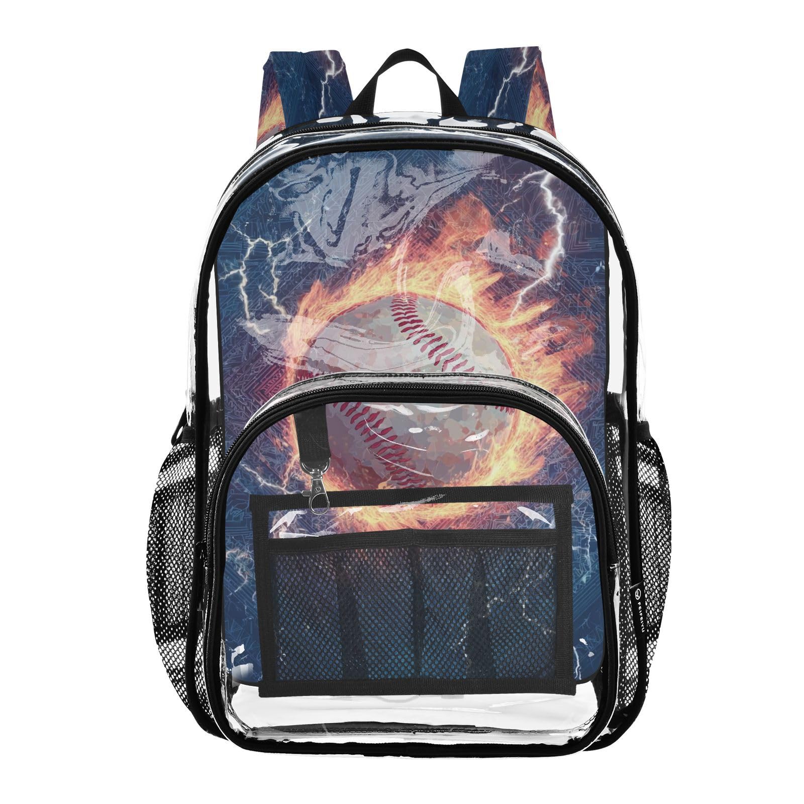 CIJEMAPW Baseball Clear Backpack Fire PVC Transparent Backpack with Reinforced Straps for Women Men ，12L Large See Through Bookbag for School Work