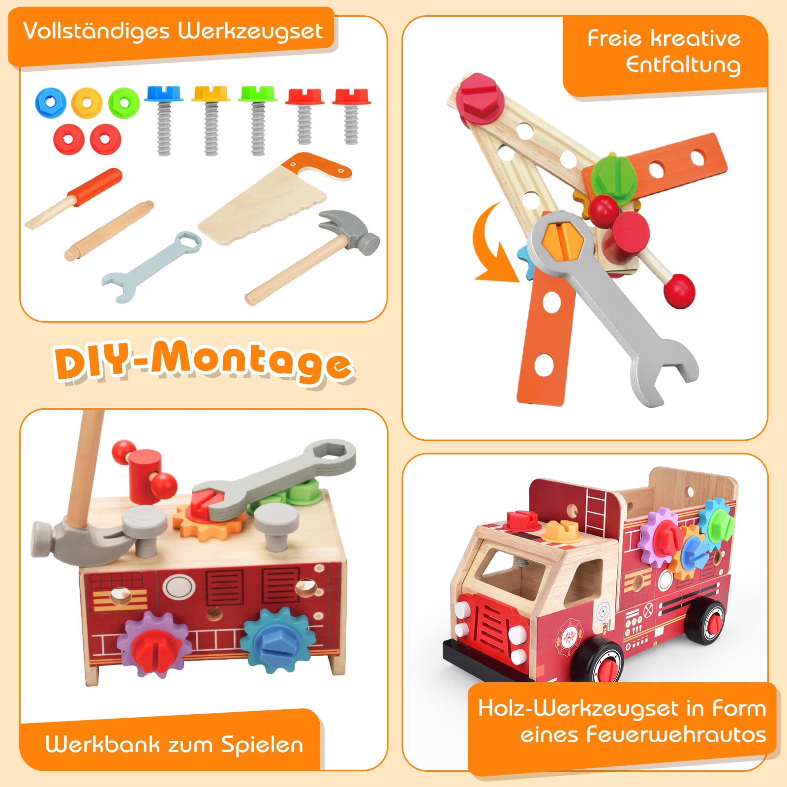 Nauotk Werkzeugkoffer Kinder Werkbank, 2 in 1 Feuerwehrfahrzeug aus Holz und Werkzeug Kinder, Montessori Holzspielzeug Spielzeug ab 2 3 4 5 Jahre, Kinderwerkzeug Werkzeugwagen, Geschenk Junge Mädchen