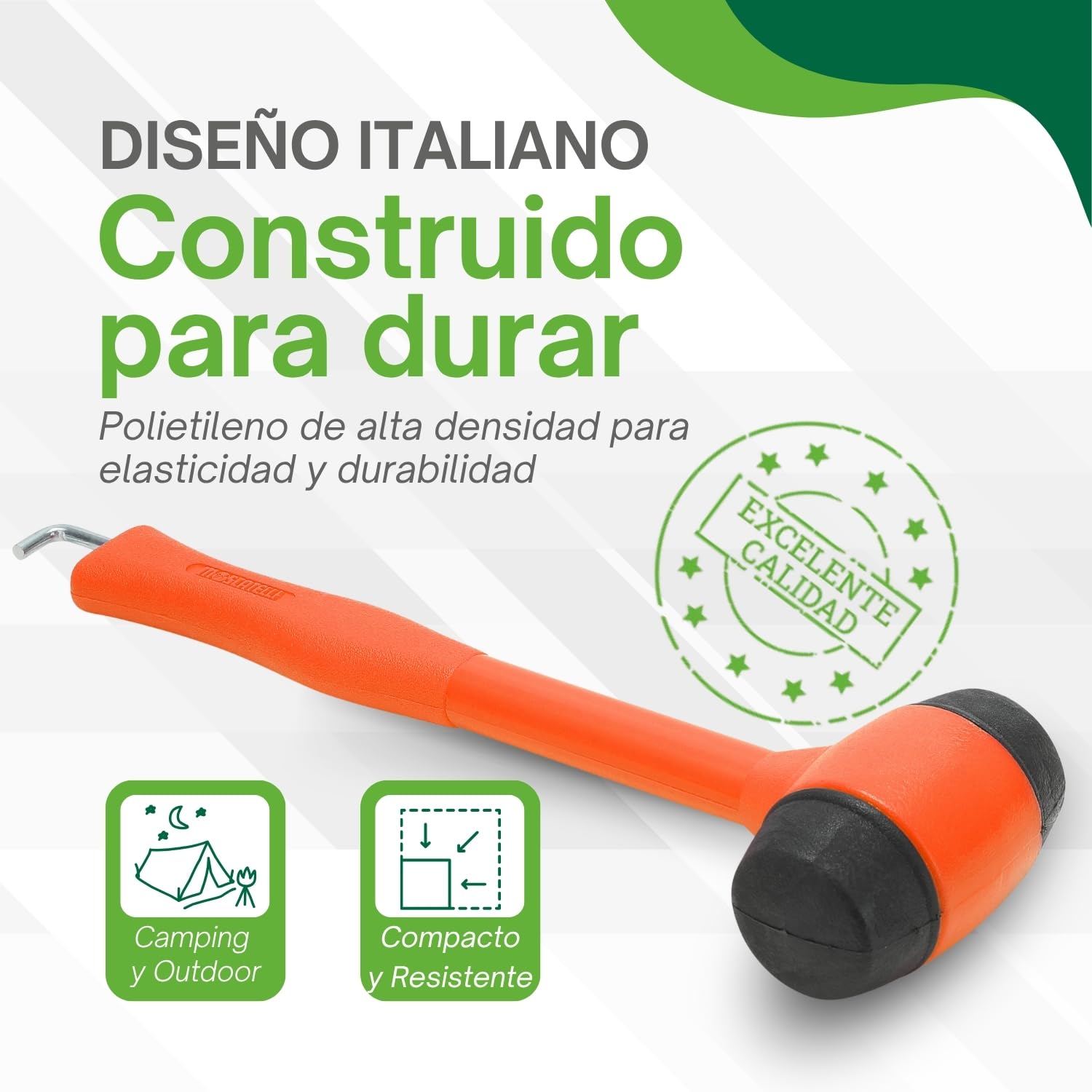 MOSCATELLI Martillo de Camping Multifuncional, Resistente y Ergonómico con Gancho para Extraer Estacas - Naranja