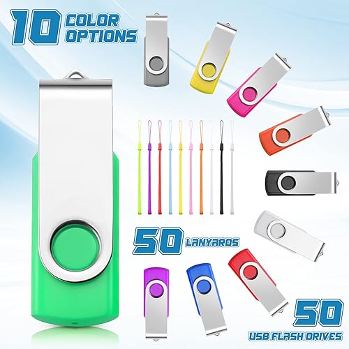 Miniatura 5 de Paquete de 50 unidades flash USB a granel con cordones USB 2.0, unidad de pulgar giratoria, paquete de flash de almacenamiento a granel con luz LED