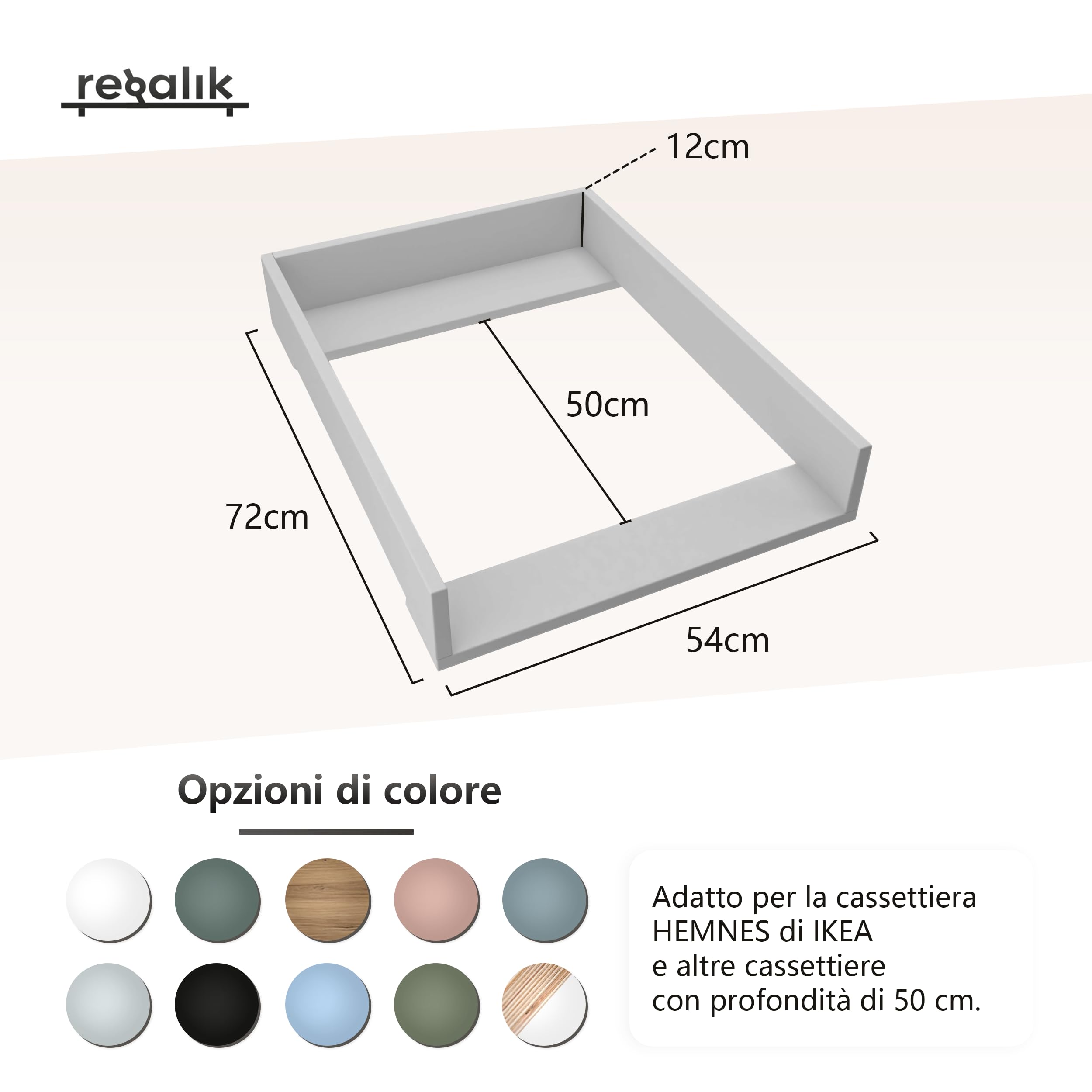 Ikea Hemnes, fasciatoio per cassettiere da 50 cm, fasciatoio, pannelli frontali dritti, in quercia, 72 x 54 cm
