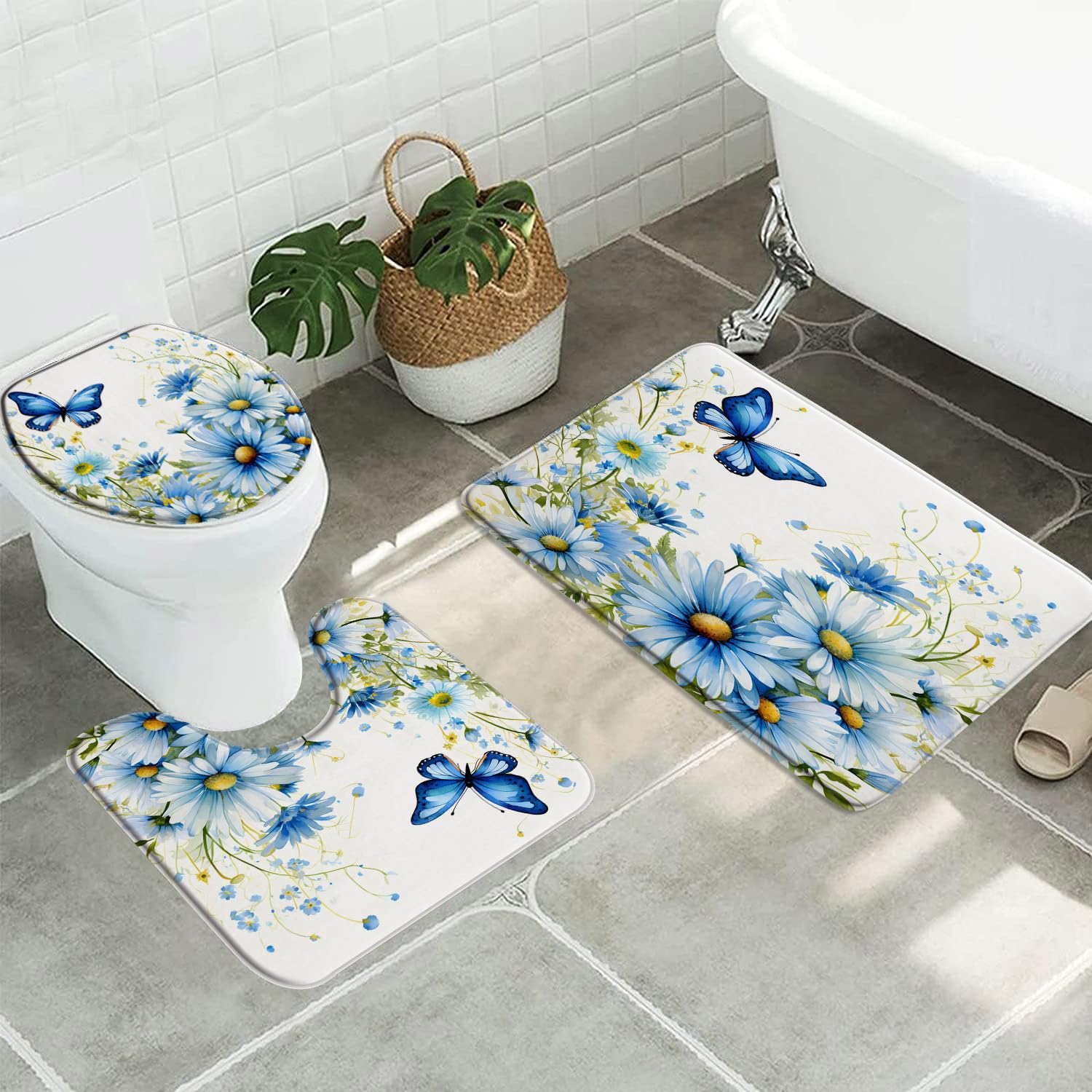3pcs Blue Butterfly Floral Bathroom Sets with Non-Slip Rug,Toilet Lid Cover and Bath Mat,Watercolor Teal Wildflowers Daisy Rustic Spring Flower Green