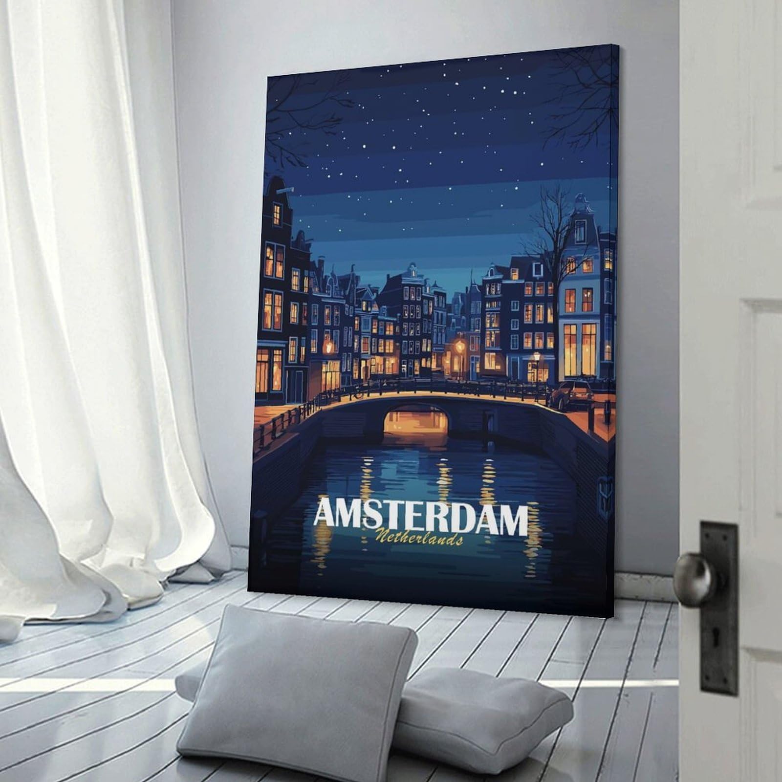 Junmoney Amsterdam Netherlands Night Cityscape Canvas Wall Decor 12x18inch(30x45cm), for Home Lounge, Bedroom Or Reading Nook, A Home Accent with Warm Character