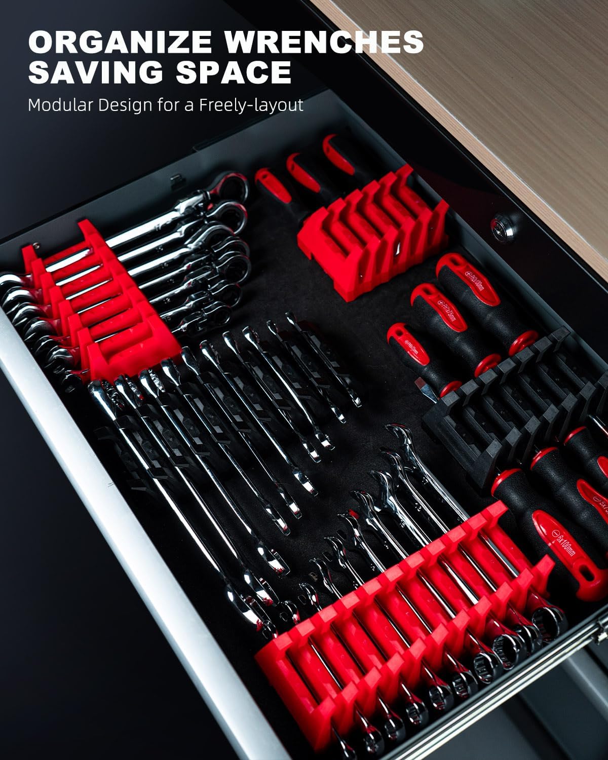 ROTATION 42PC Modular Wrench Organizer, Magnetic Wrench Rack with SAE & Metric Labels, Professional Tool Drawer Storage, Expandable Grid Holder
