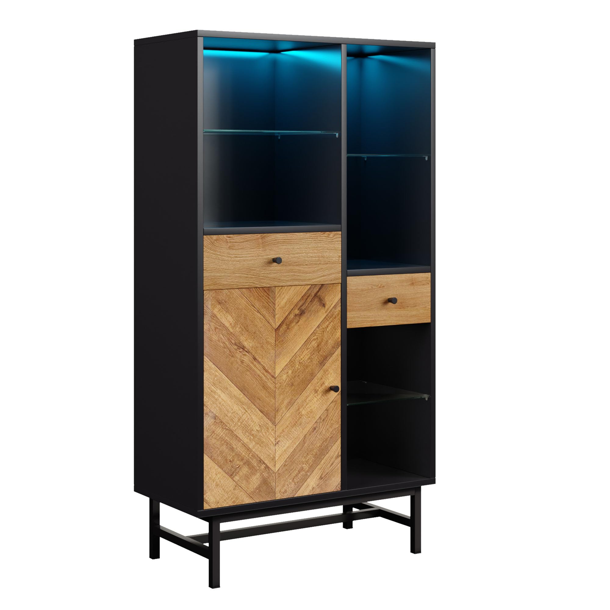 Idemon Vitrina con iluminación ambiental de 12 colores, armario de cocina con cajones y estantes de cristal, grano de madera triangular