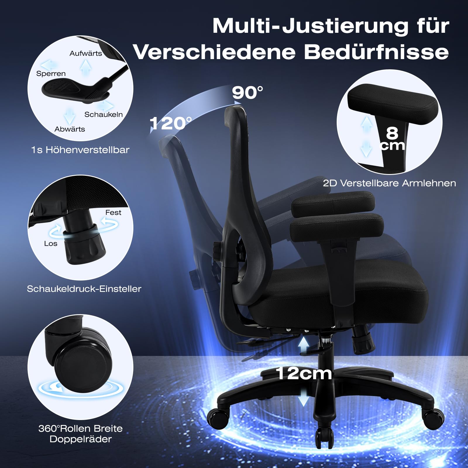 Hellove Bürostuhl Ergonomisch 230KG, Schreibtischstuhl mit Verstellbarer Armlehnen und Lendenwirbelstütze, Drehstuhl mit 50cm Große Sitzfläche Computerstuhl Mesh-Stuhl für Homeoffice Wippfunktion