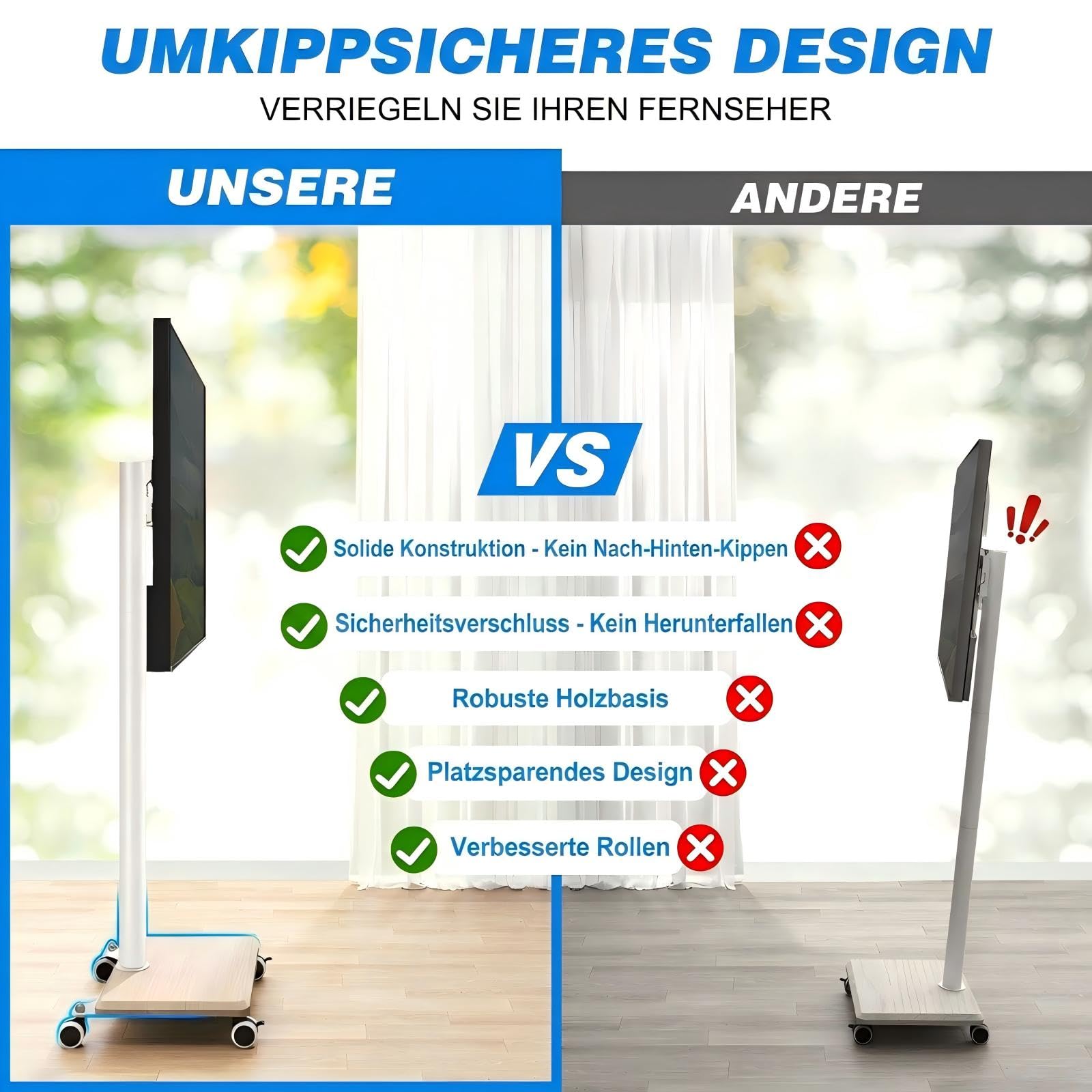 5Rcom Universal TV Ständer Rollbar mit Holzbasis für 27-60 Zoll Fernseher, Fernsehständer mit Rollen, Höhenverstellbarer und Schwenkbar, Mobiler TV Standfuß bis 40kg, Max. VESA 400x400mm (Beige)