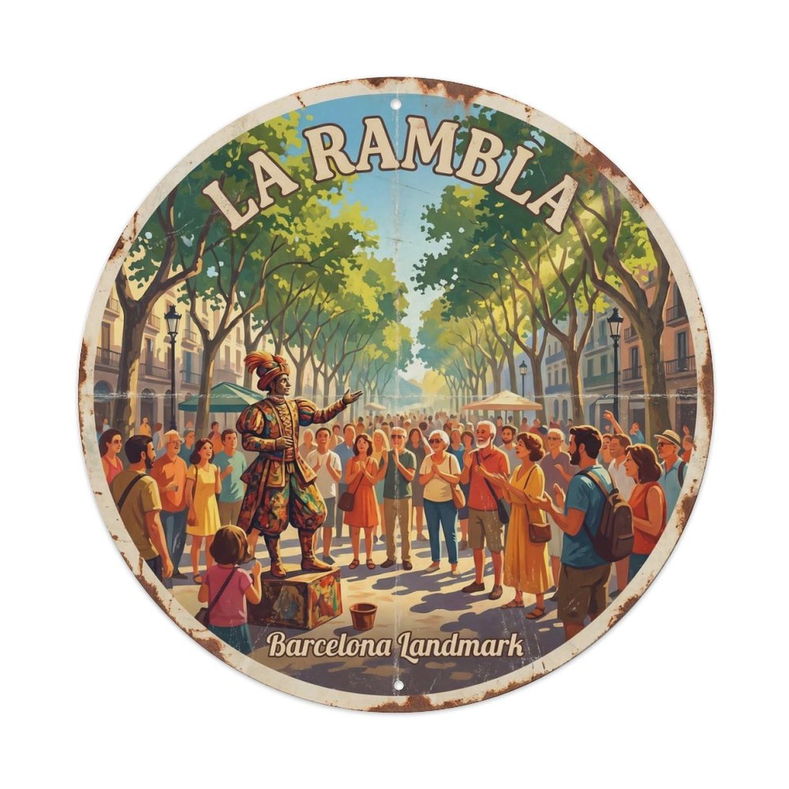 Vintage Travel Rambla Barcelona Spain Landmark Metal Tin Sign Plaque