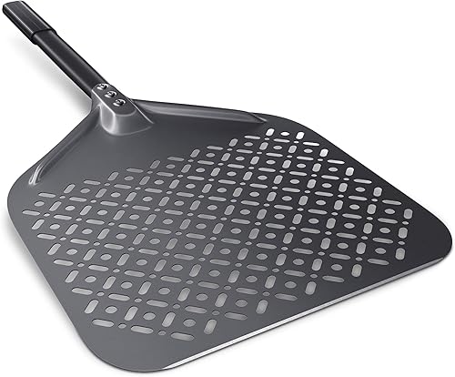 NUTUNI Perforated Pizza Peel, 12" x 14" Professional Anodized Aluminum Pizza Turning Peel, Pizza Paddle Nonstick, 28" Overall