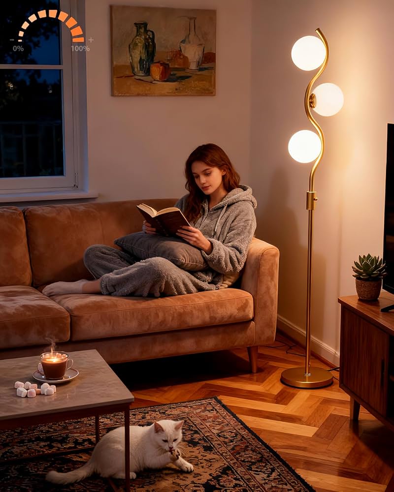 Lightdot 60IN Gold Floor Lamp Stepless Dimmable Globe Floor Lamps with 3Pcs 3000K G9 Bulbs Eye-Friendly Mid Century Standing Lamps with Stable Base for Living Room/Bedroom/Corner/Office