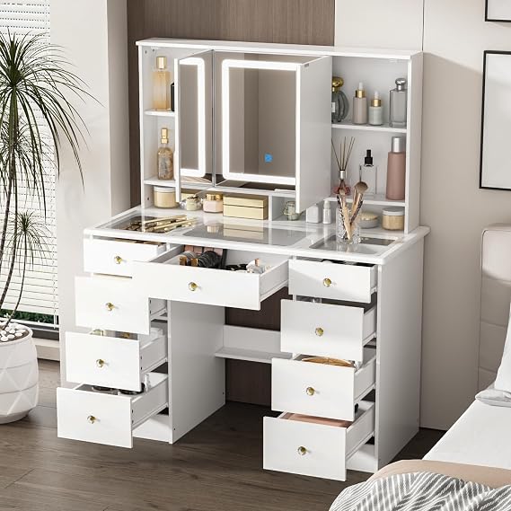 Large Vanity Desk with Open Mirror and Glass Tabletop, Vanity Desk with Mirror and Lights, Drawers and Shelves, Crystal Handles, Cushion Stool not Included, White (110cm W x 50cm D x 136cm H)