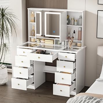 Large Vanity Desk with Open Mirror and Glass Tabletop, Vanity Desk with Mirror and Lights, Drawers and Shelves, Crystal Handles, Cushion Stool not Included, White (110cm W x 50cm D x 136cm H)