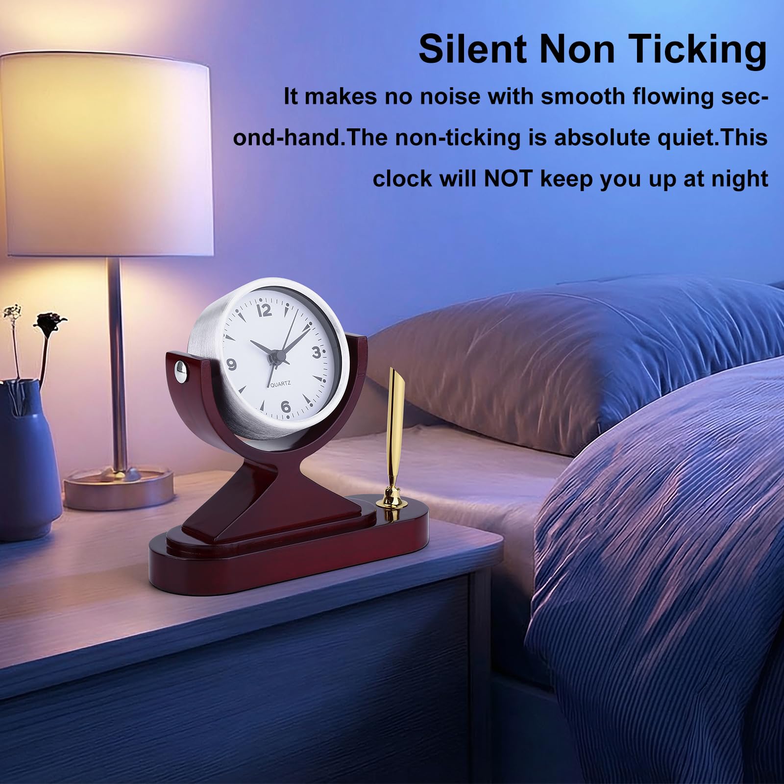 CIGERA Wooden Desk Alarm Clock Battery Operated, Silent Non-Ticking, Adjustable Angle & Pencil Holder | Office, Shelf, Table Decor | Gift for Students, Teachers, Professionals (Home, Desk, Work)
